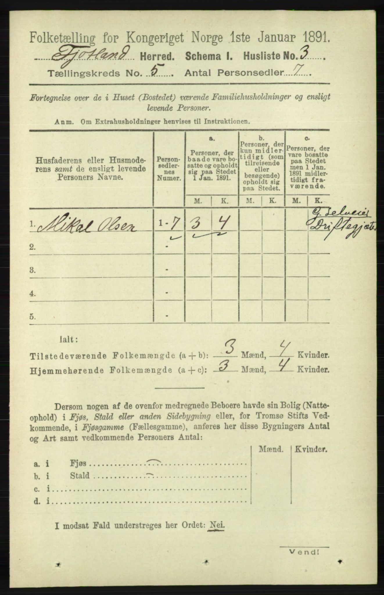 RA, 1891 census for 1036 Fjotland, 1891, p. 701