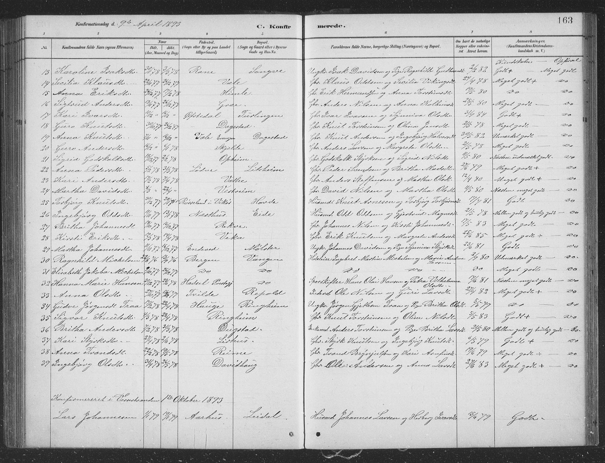 Voss sokneprestembete, AV/SAB-A-79001/H/Hab: Parish register (copy) no. B 3, 1879-1894, p. 163