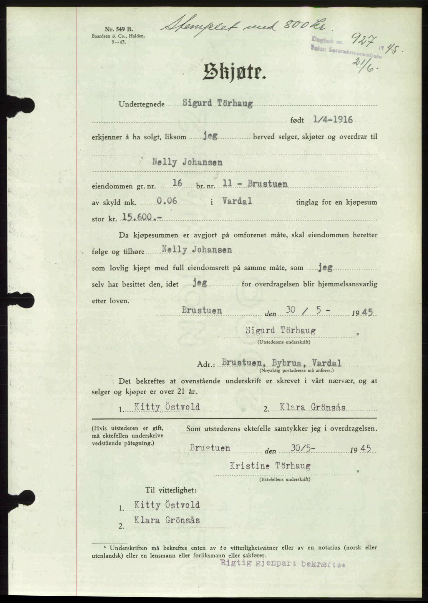 Toten tingrett, SAH/TING-006/H/Hb/Hbc/L0013: Mortgage book no. Hbc-13, 1945-1945, Diary no: : 927/1945