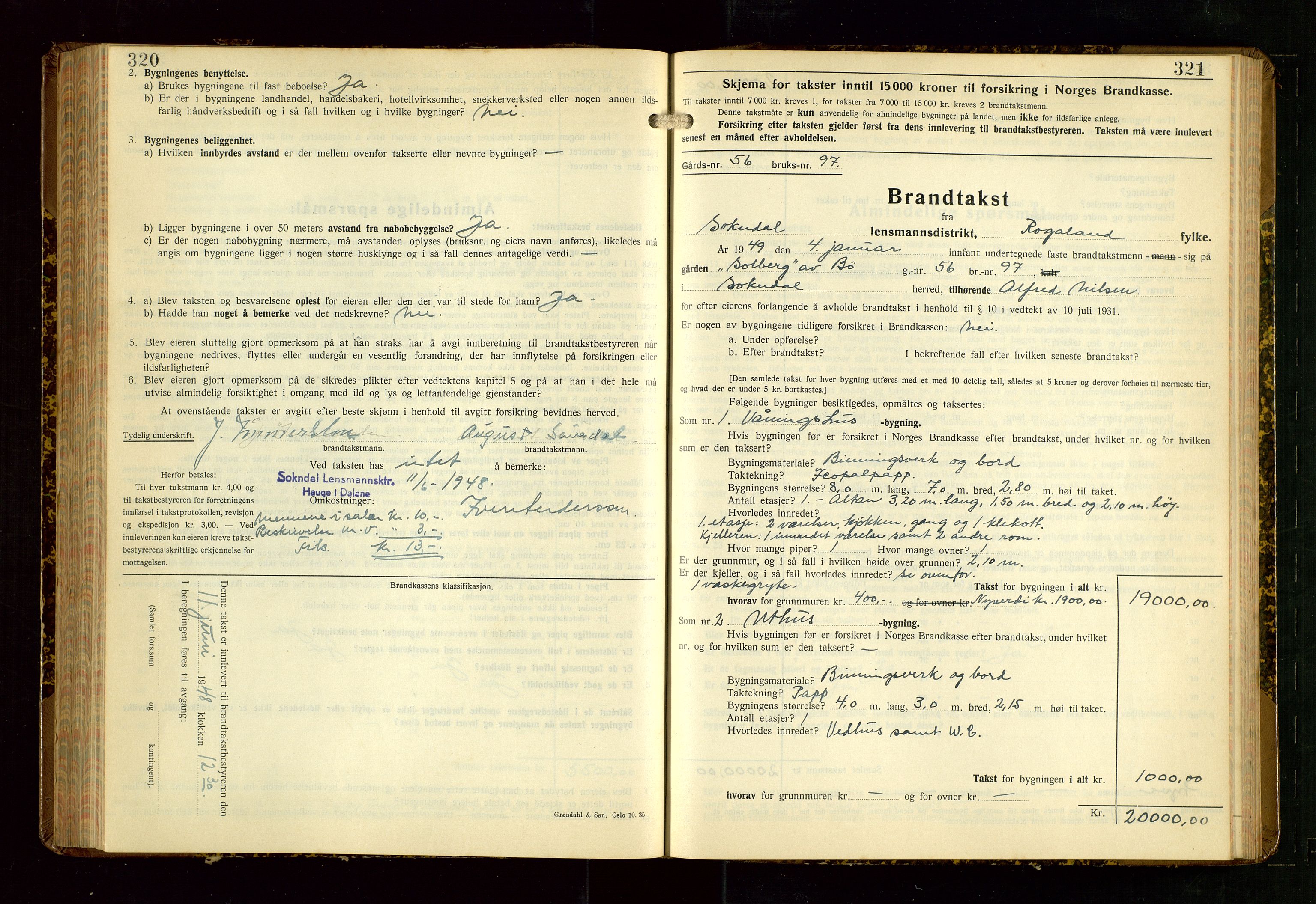 Sokndal lensmannskontor, SAST/A-100417/Gob/L0008: "Brandtakst-Protokoll", 1937-1955, p. 320-321
