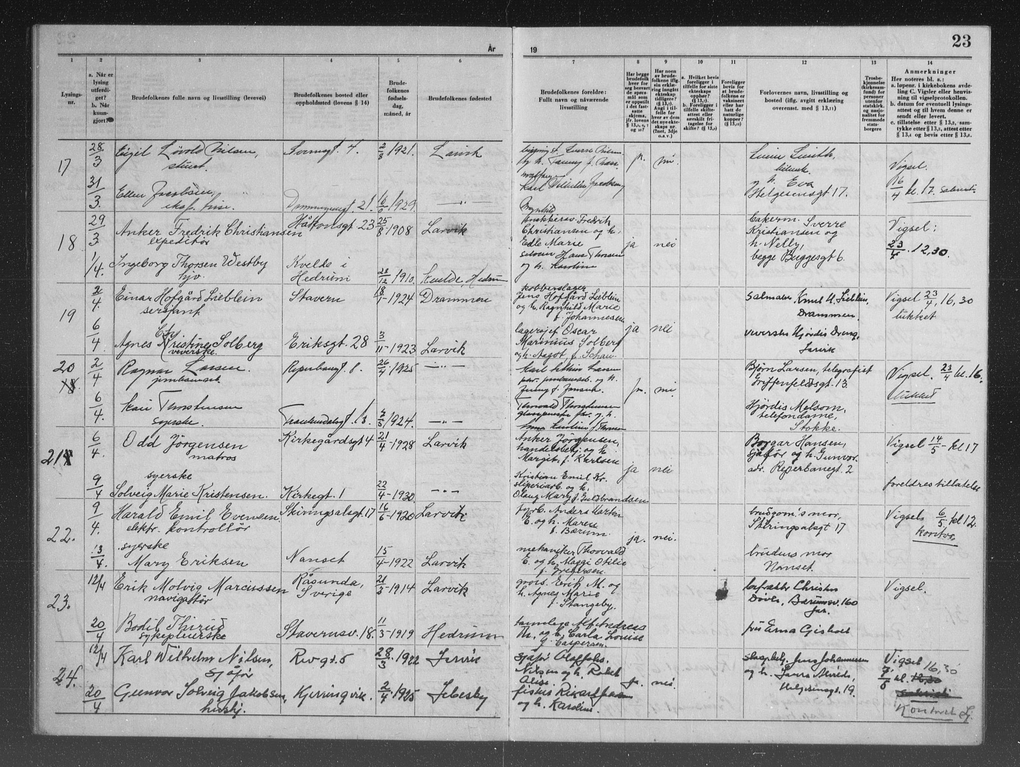 Larvik kirkebøker, AV/SAKO-A-352/H/Ha/L0007: Banns register no. 7, 1947-1954, p. 23