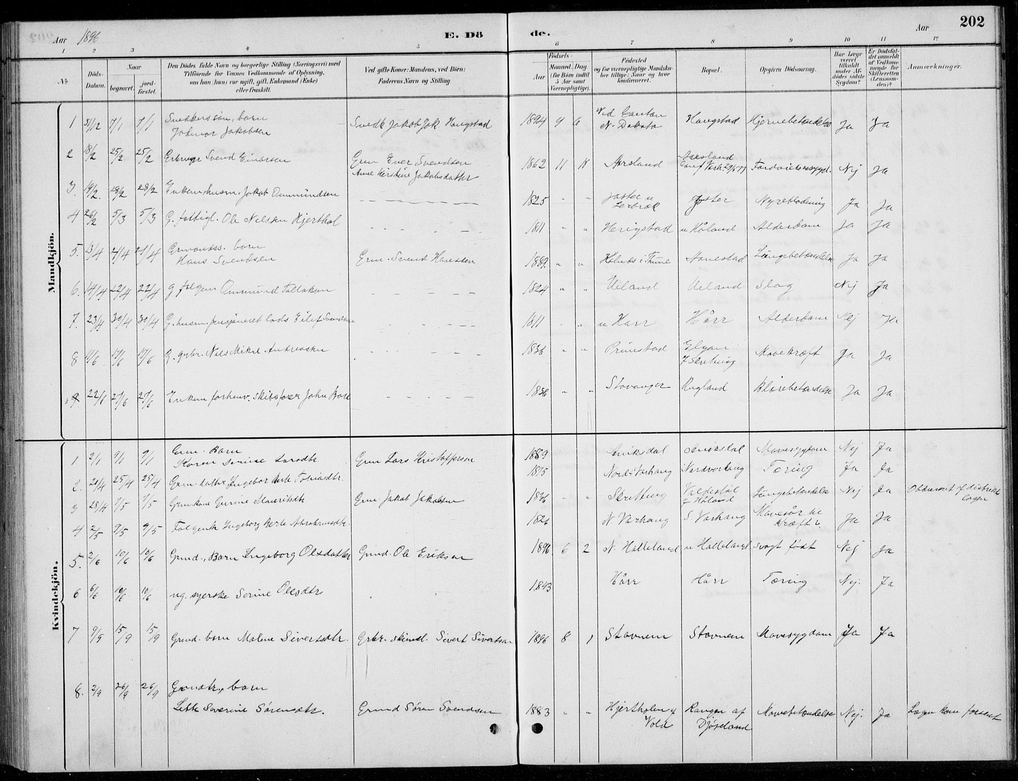 Hå sokneprestkontor, AV/SAST-A-101801/001/30BB/L0004: Parish register (copy) no. B 4, 1883-1899, p. 202