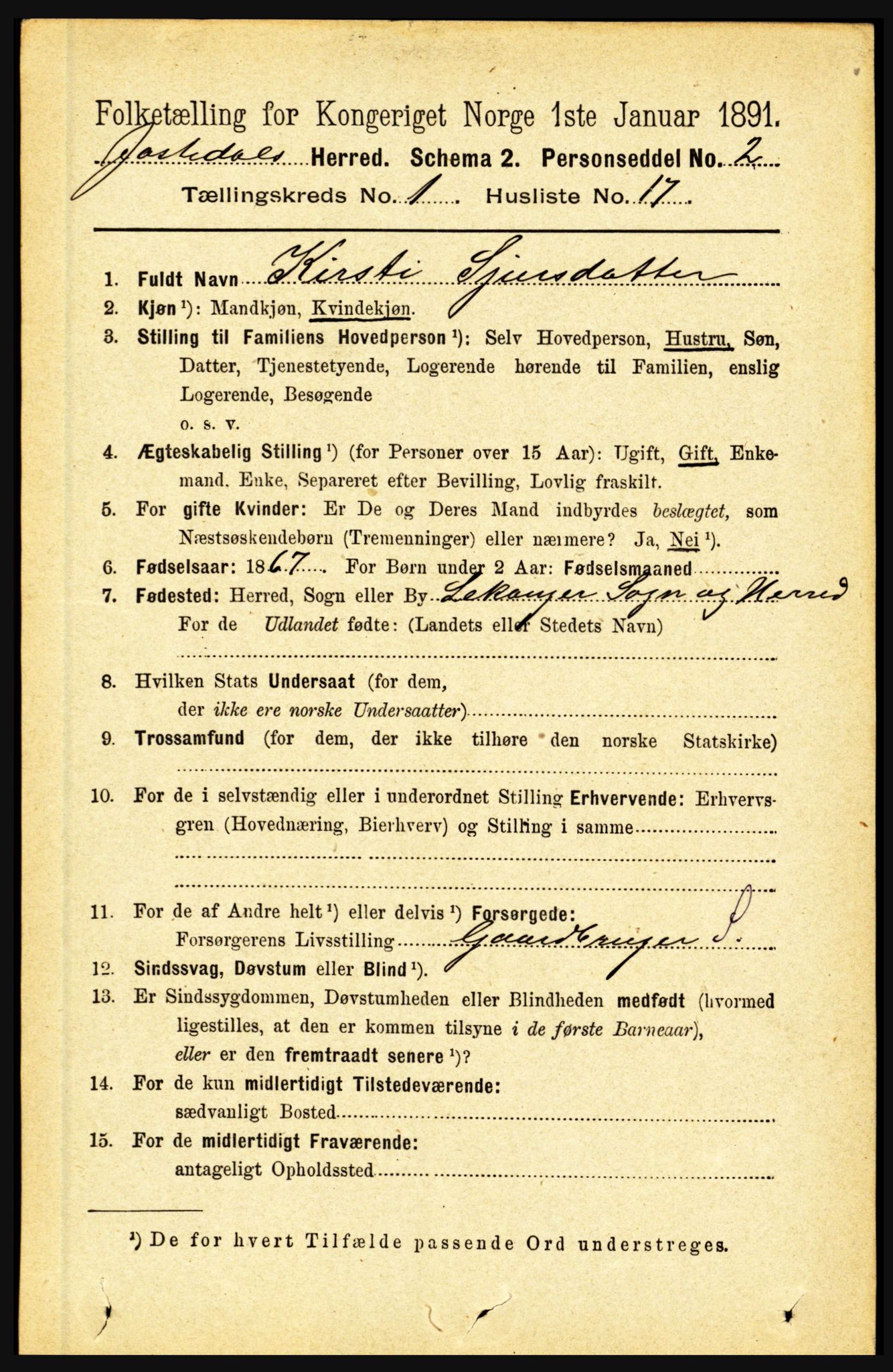 RA, 1891 census for 1427 Jostedal, 1891, p. 187