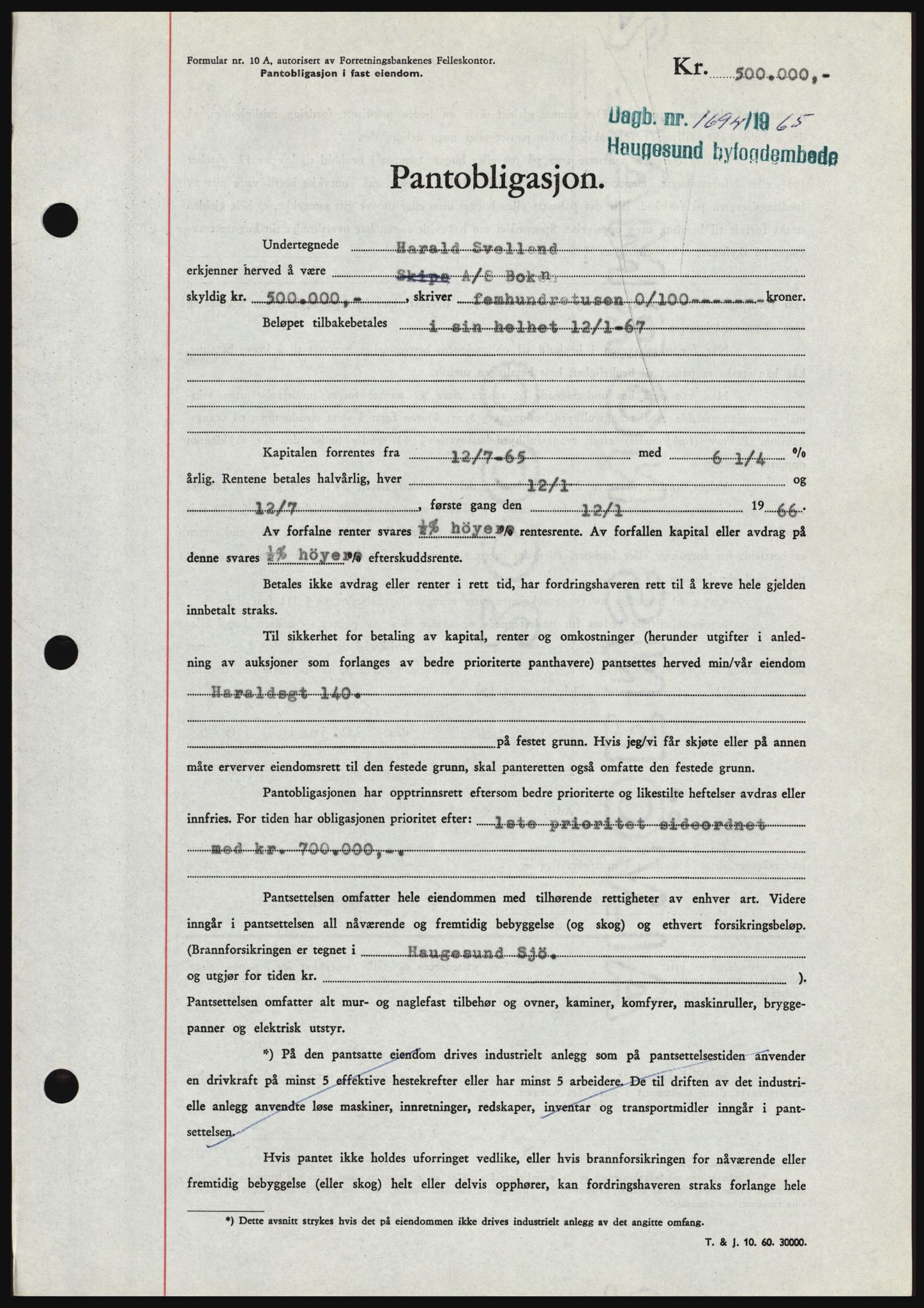 Haugesund tingrett, SAST/A-101415/01/II/IIC/L0053: Mortgage book no. B 53, 1965-1965, Diary no: : 1694/1965