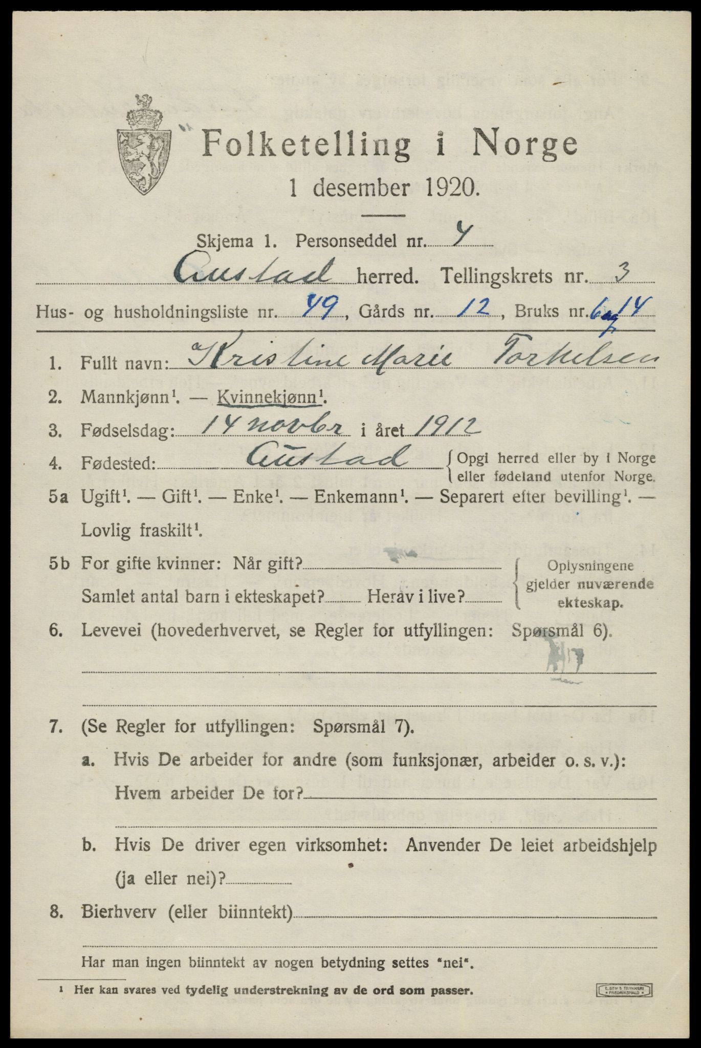 SAK, 1920 census for Austad, 1920, p. 1387