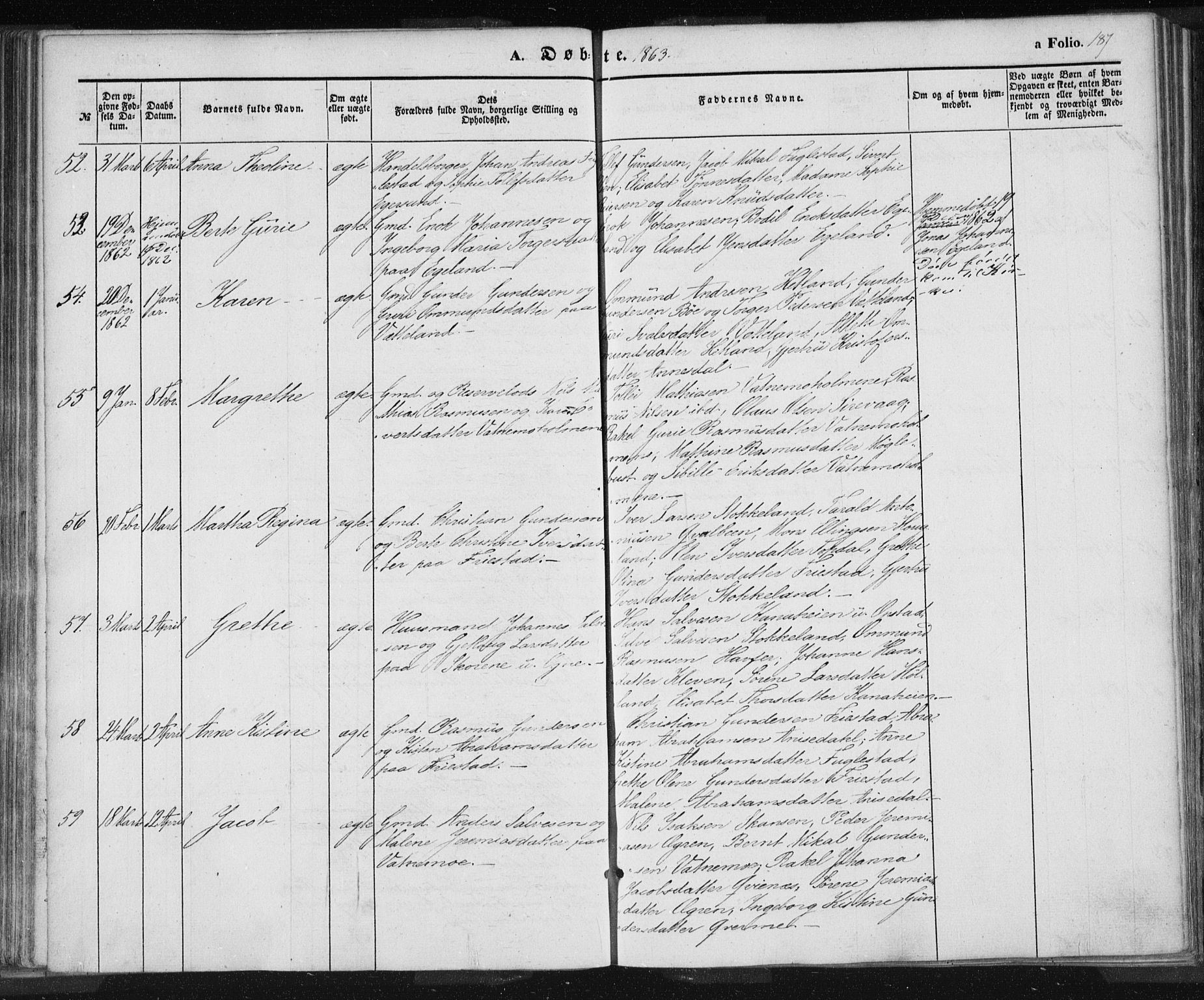 Eigersund sokneprestkontor, AV/SAST-A-101807/S08/L0012: Parish register (official) no. A 12.1, 1850-1865, p. 187