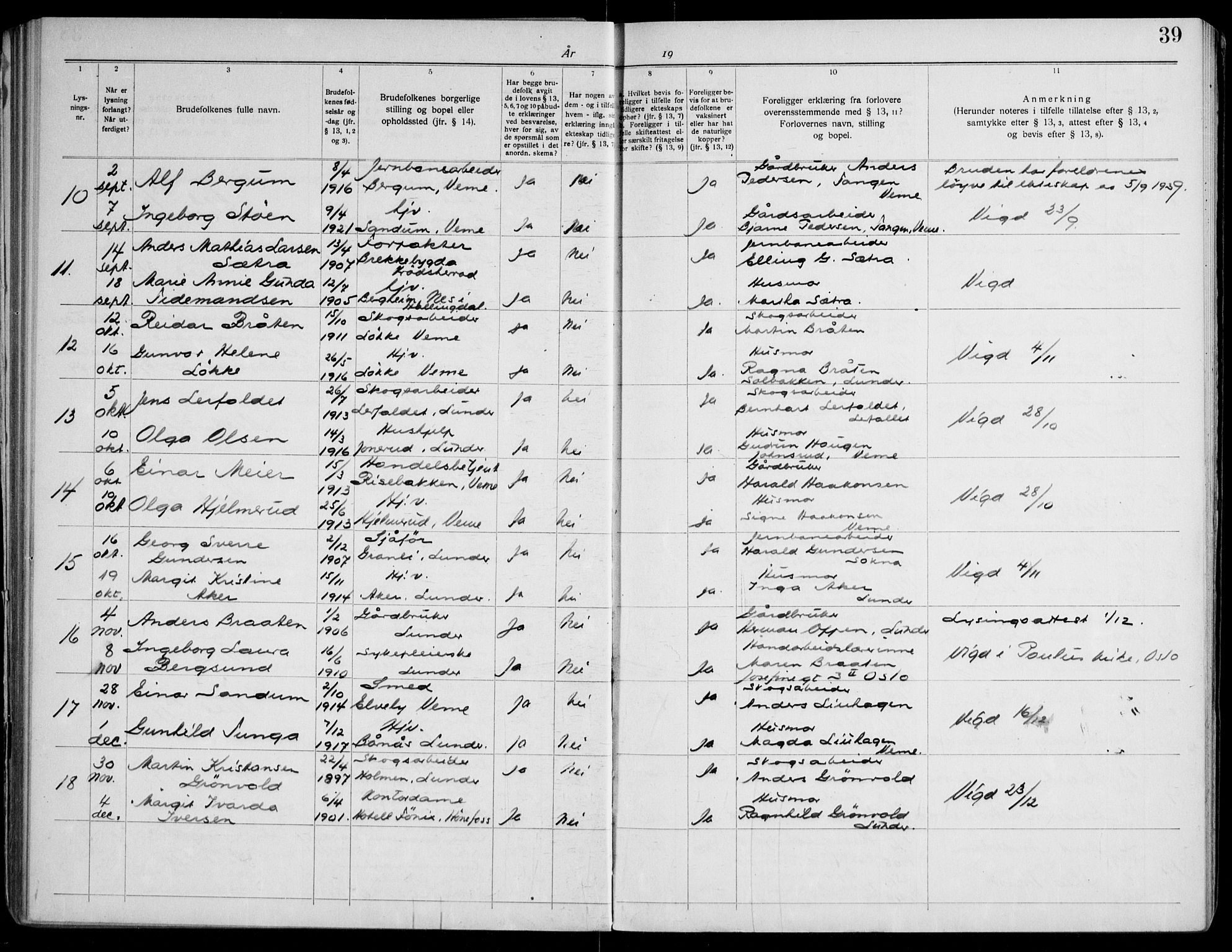 Lunder kirkebøker, SAKO/A-629/H/Ha/L0002: Banns register no. 2, 1919-1969, p. 39