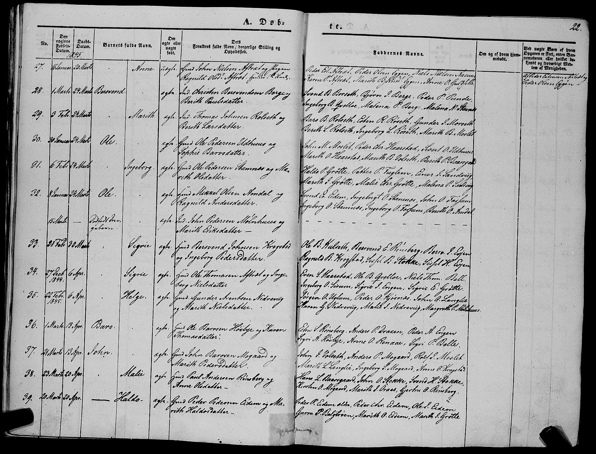 Ministerialprotokoller, klokkerbøker og fødselsregistre - Sør-Trøndelag, AV/SAT-A-1456/695/L1145: Parish register (official) no. 695A06 /1, 1843-1859, p. 22