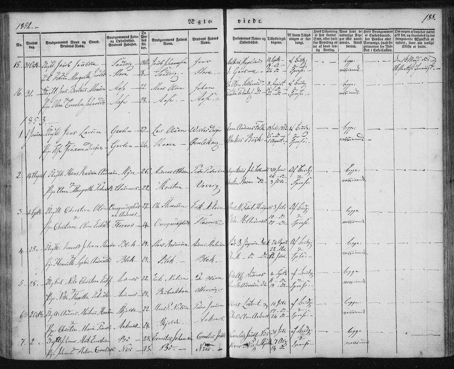 Ministerialprotokoller, klokkerbøker og fødselsregistre - Nordland, SAT/A-1459/897/L1396: Parish register (official) no. 897A04, 1842-1866, p. 188