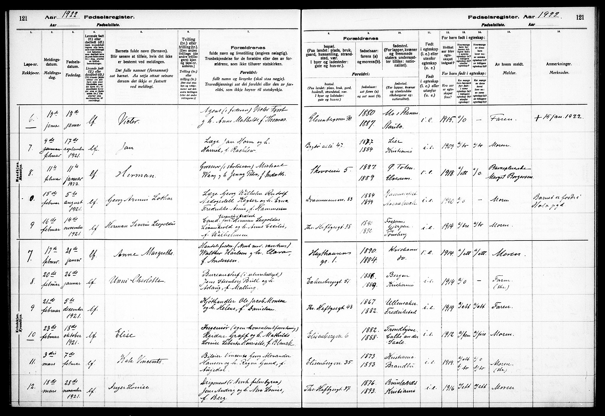 Frogner prestekontor Kirkebøker, AV/SAO-A-10886/J/Ja/L0001: Birth register no. 1, 1916-1927, p. 121