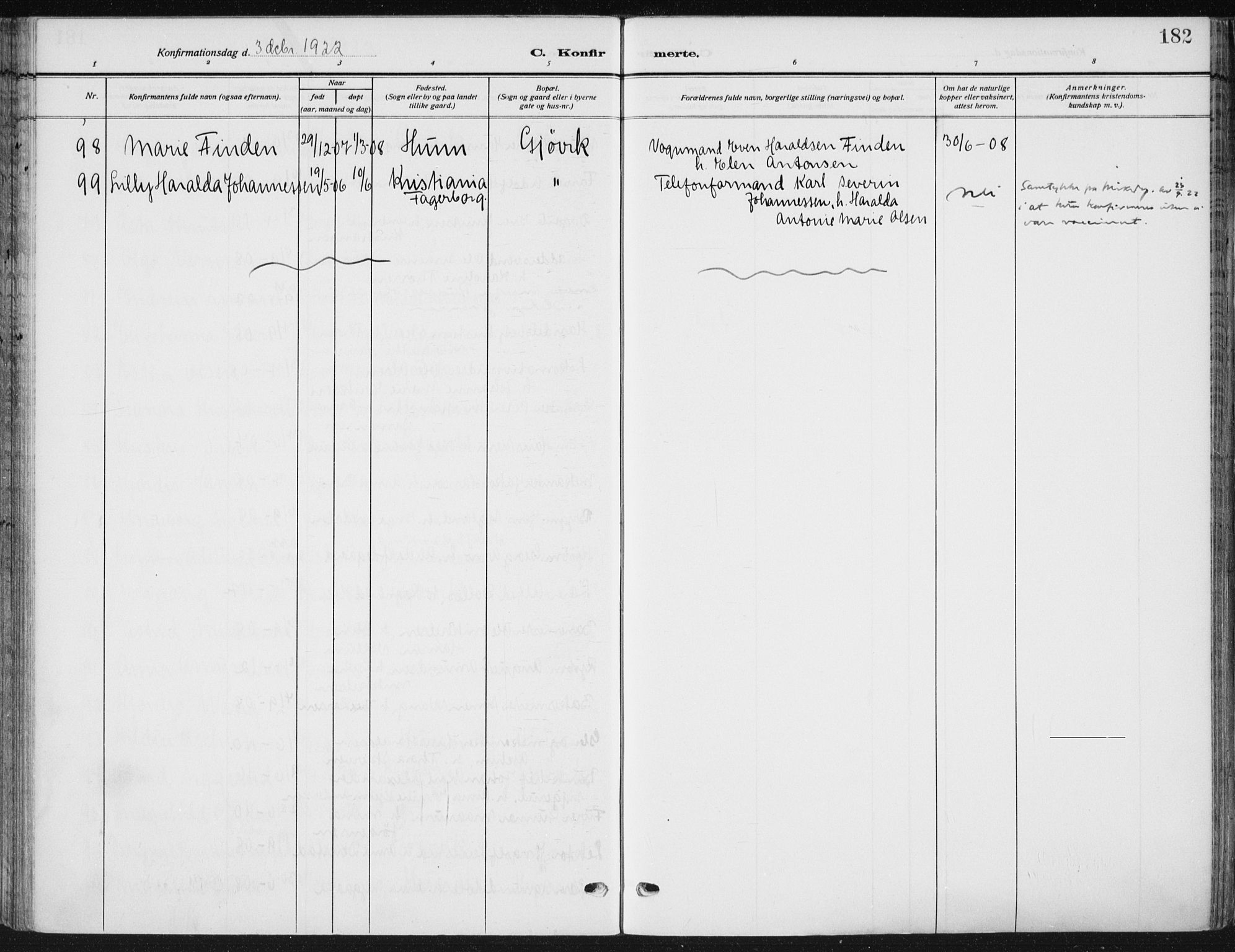 Vardal prestekontor, AV/SAH-PREST-100/H/Ha/Haa/L0014: Parish register (official) no. 14, 1912-1922, p. 182