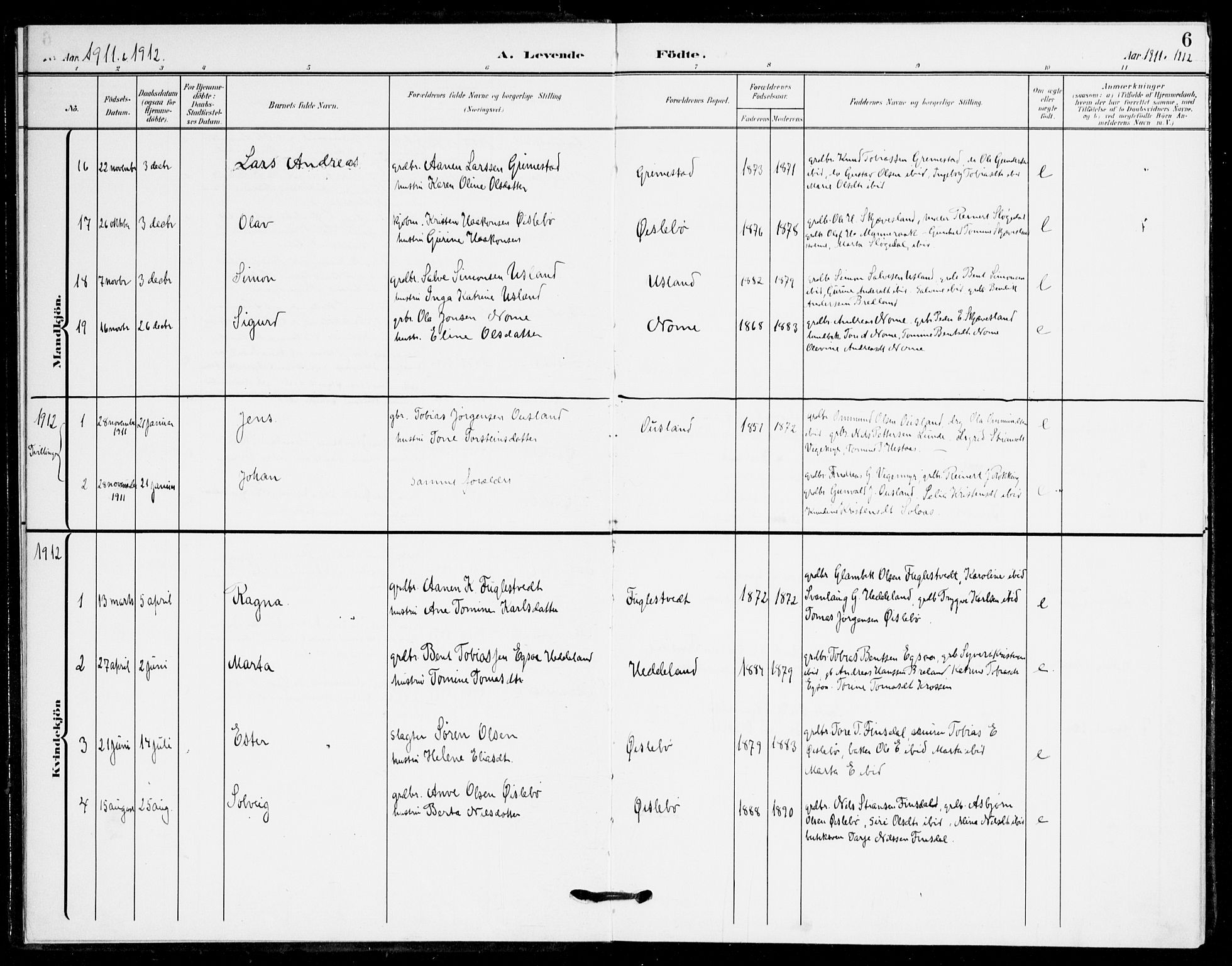 Holum sokneprestkontor, SAK/1111-0022/F/Fa/Fac/L0005: Parish register (official) no. A 5, 1908-1930, p. 6