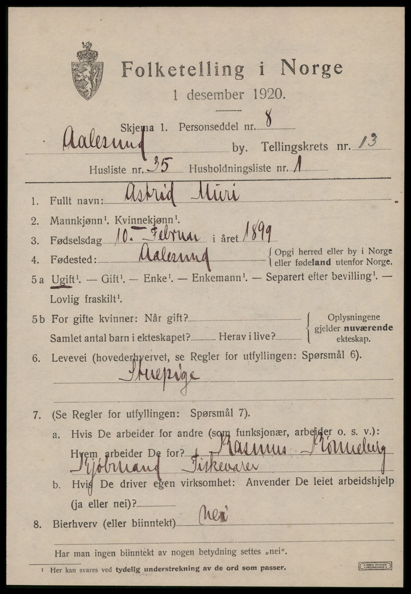 SAT, 1920 census for Ålesund, 1920, p. 28584