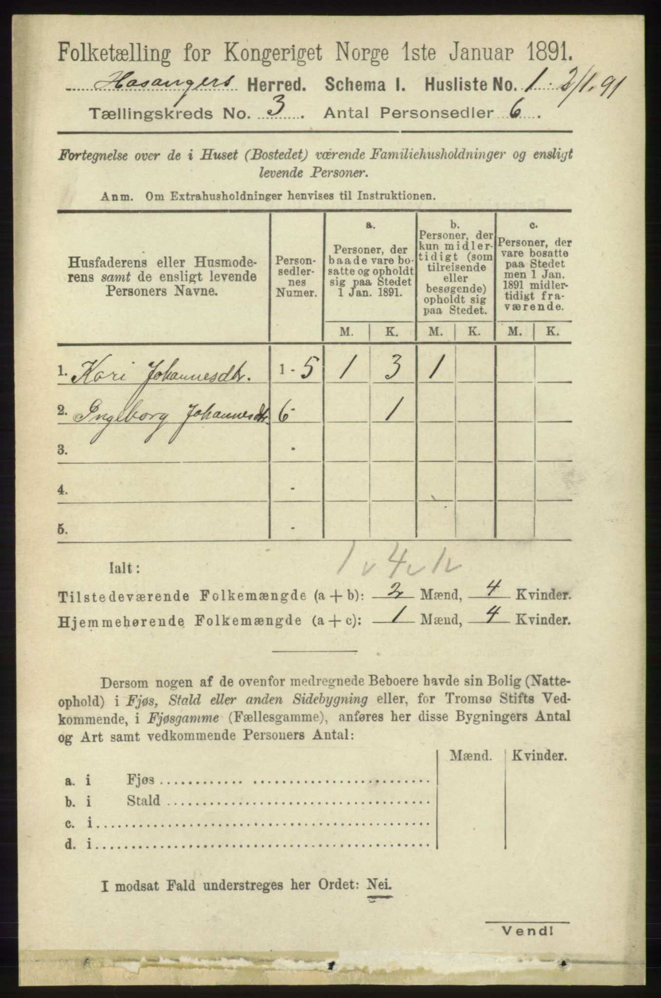 RA, 1891 census for 1253 Hosanger, 1891, p. 956