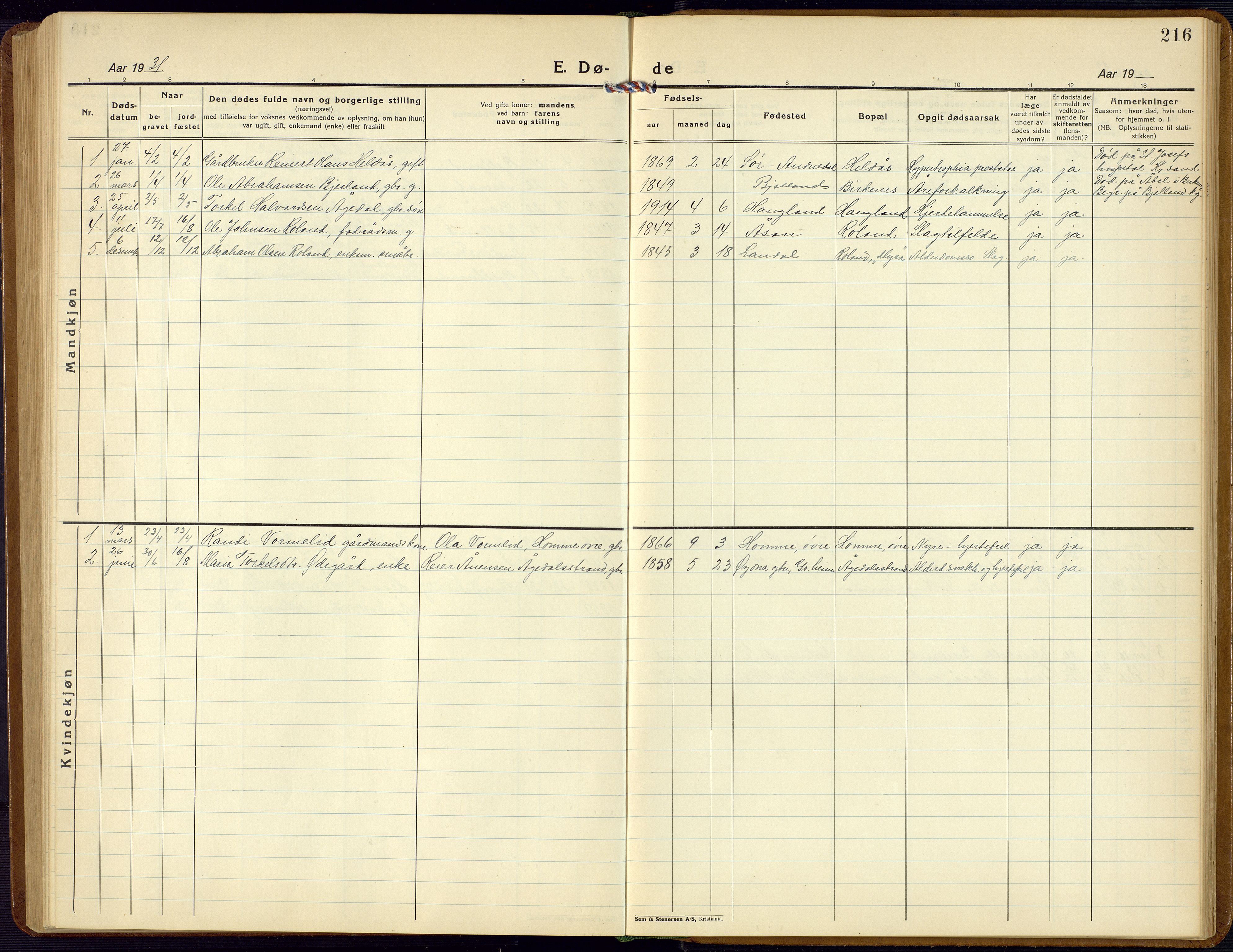 Bjelland sokneprestkontor, SAK/1111-0005/F/Fb/Fba/L0006: Parish register (copy) no. B 6, 1923-1956, p. 216