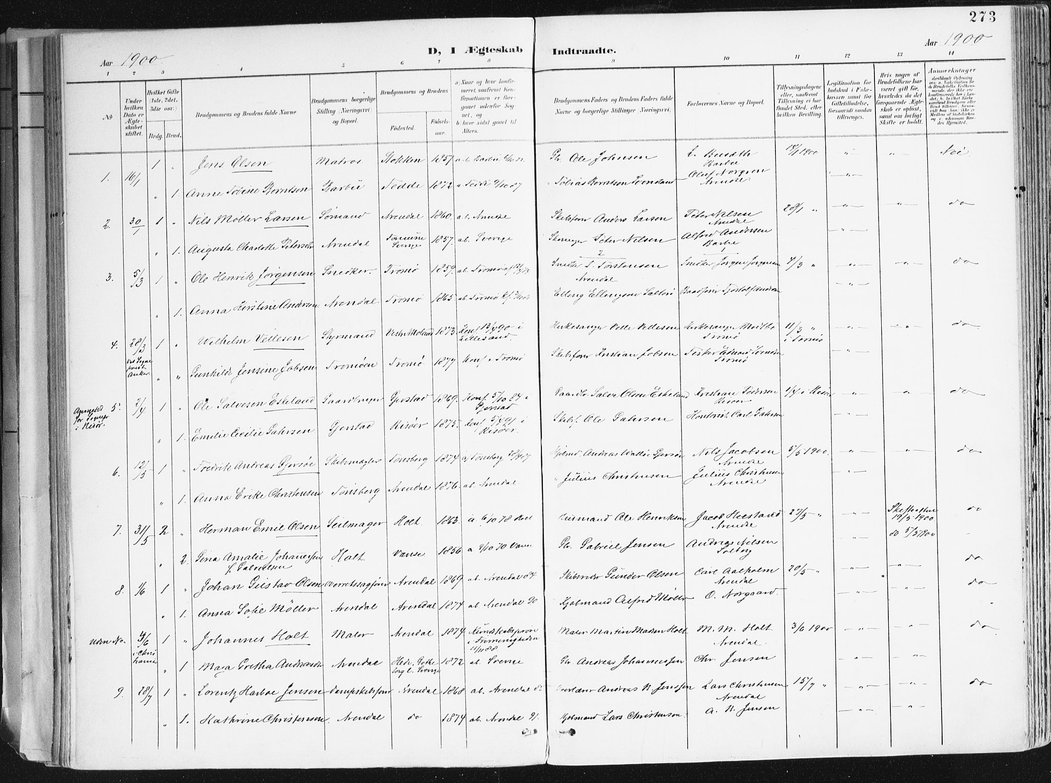 Arendal sokneprestkontor, Trefoldighet, SAK/1111-0040/F/Fa/L0010: Parish register (official) no. A 10, 1900-1919, p. 273