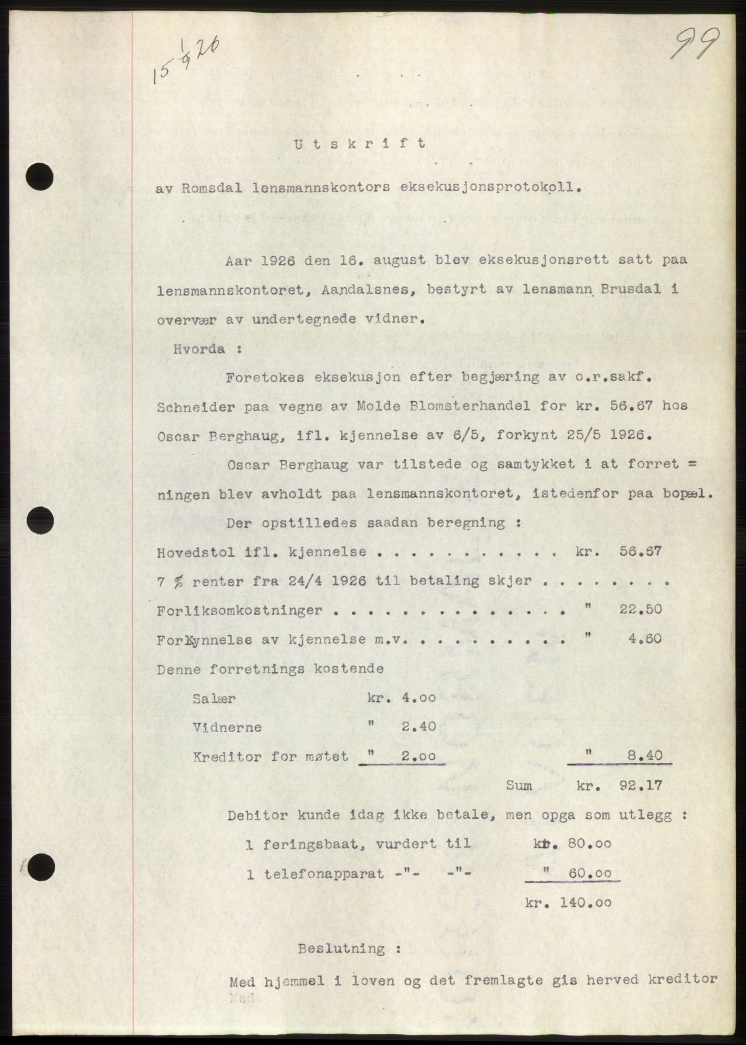 Romsdal sorenskriveri, AV/SAT-A-4149/1/2/2C/L0051: Mortgage book no. 45, 1926-1927, Deed date: 01.09.1926