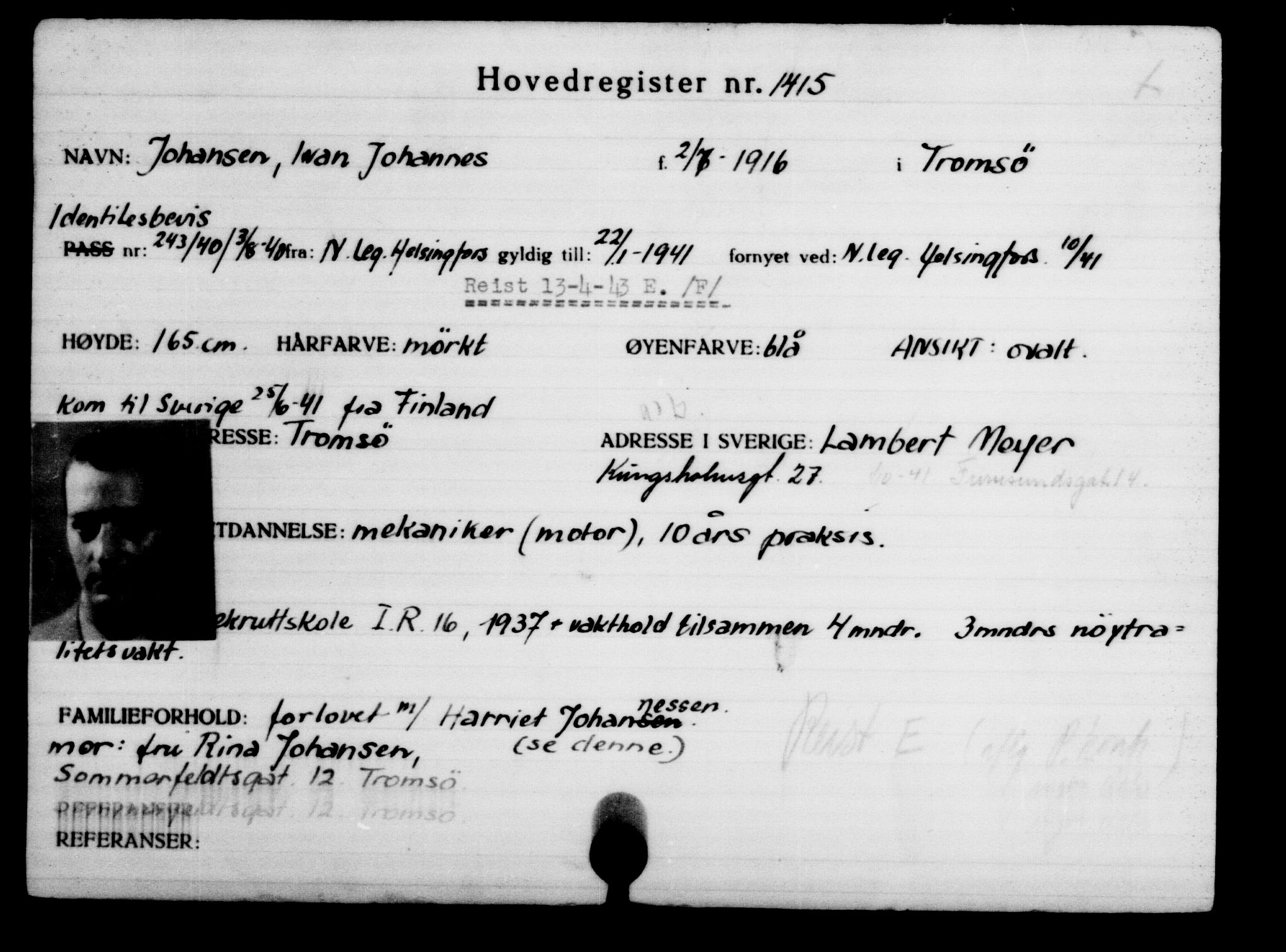 Den Kgl. Norske Legasjons Flyktningskontor, RA/S-6753/V/Va/L0002: Kjesäterkartoteket.  Flyktningenr. 1001-2000, 1940-1945, p. 586