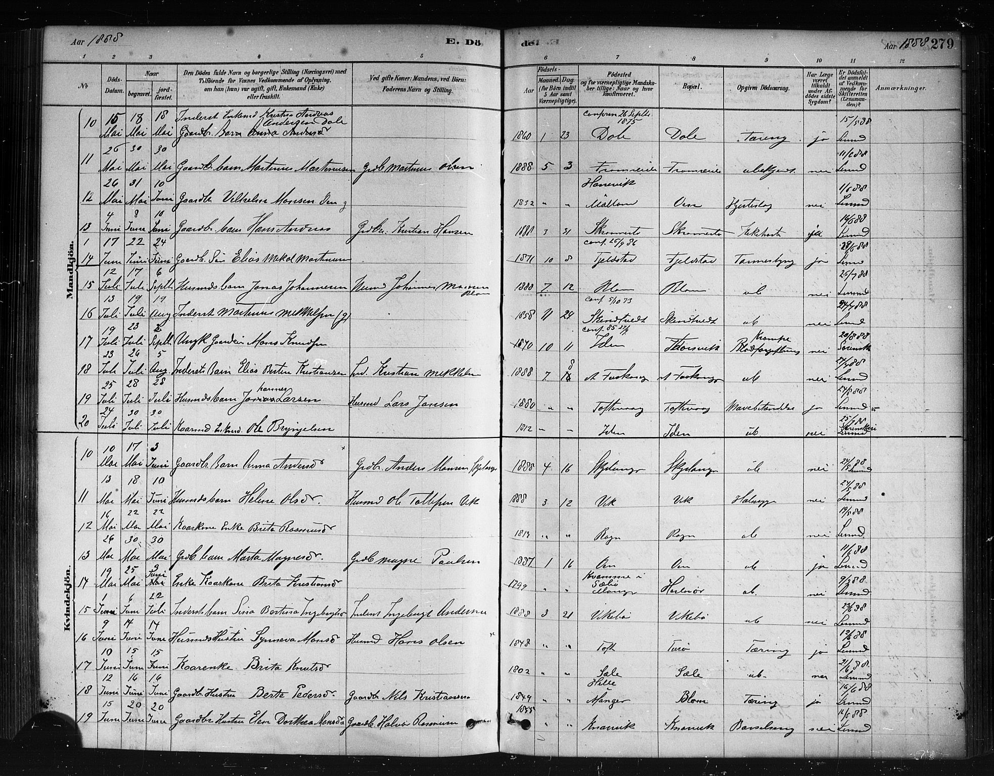 Herdla Sokneprestembete, AV/SAB-A-75701/H/Haa: Parish register (official) no. A 3, 1878-1890, p. 279