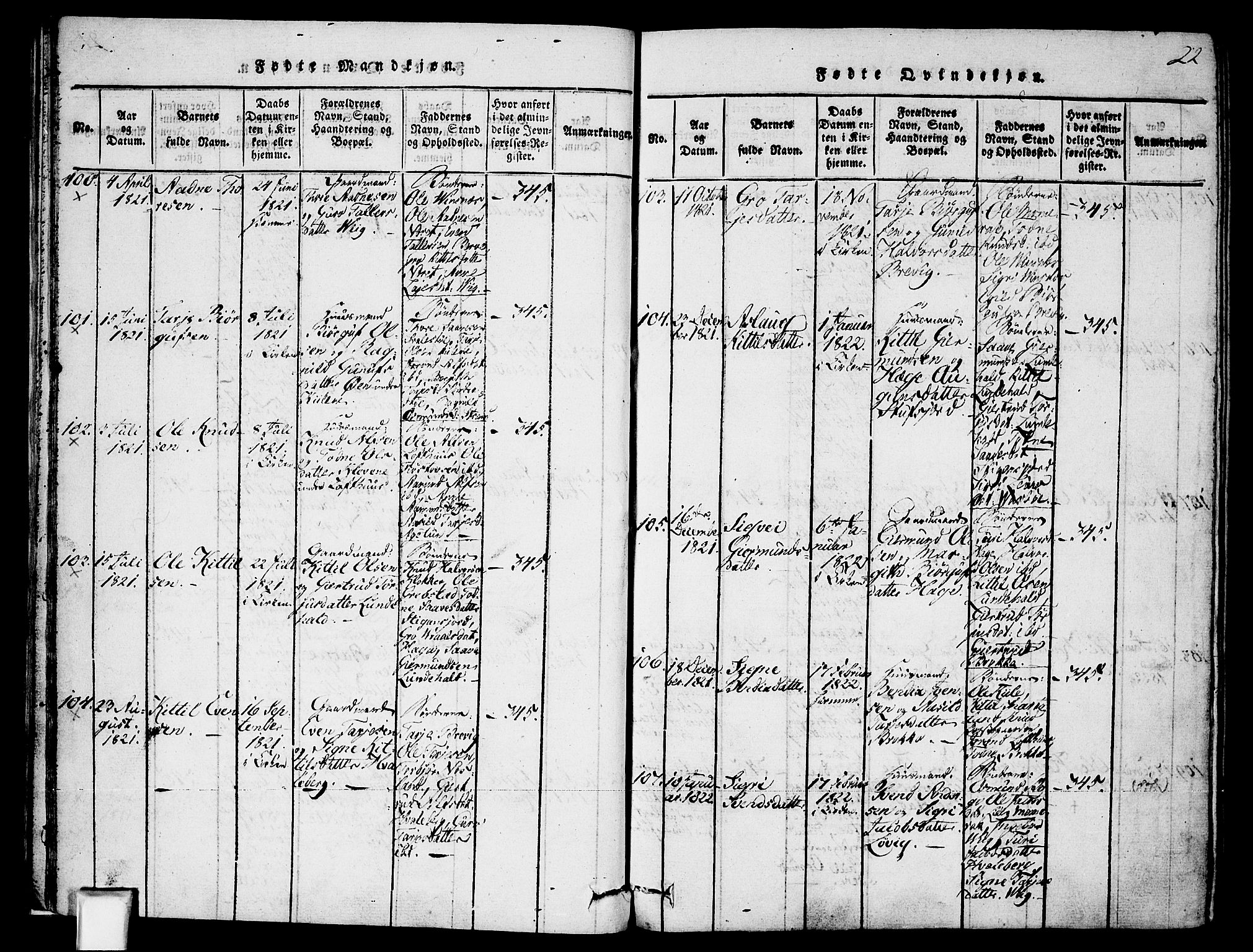 Fyresdal kirkebøker, SAKO/A-263/F/Fa/L0003: Parish register (official) no. I 3, 1815-1840, p. 22
