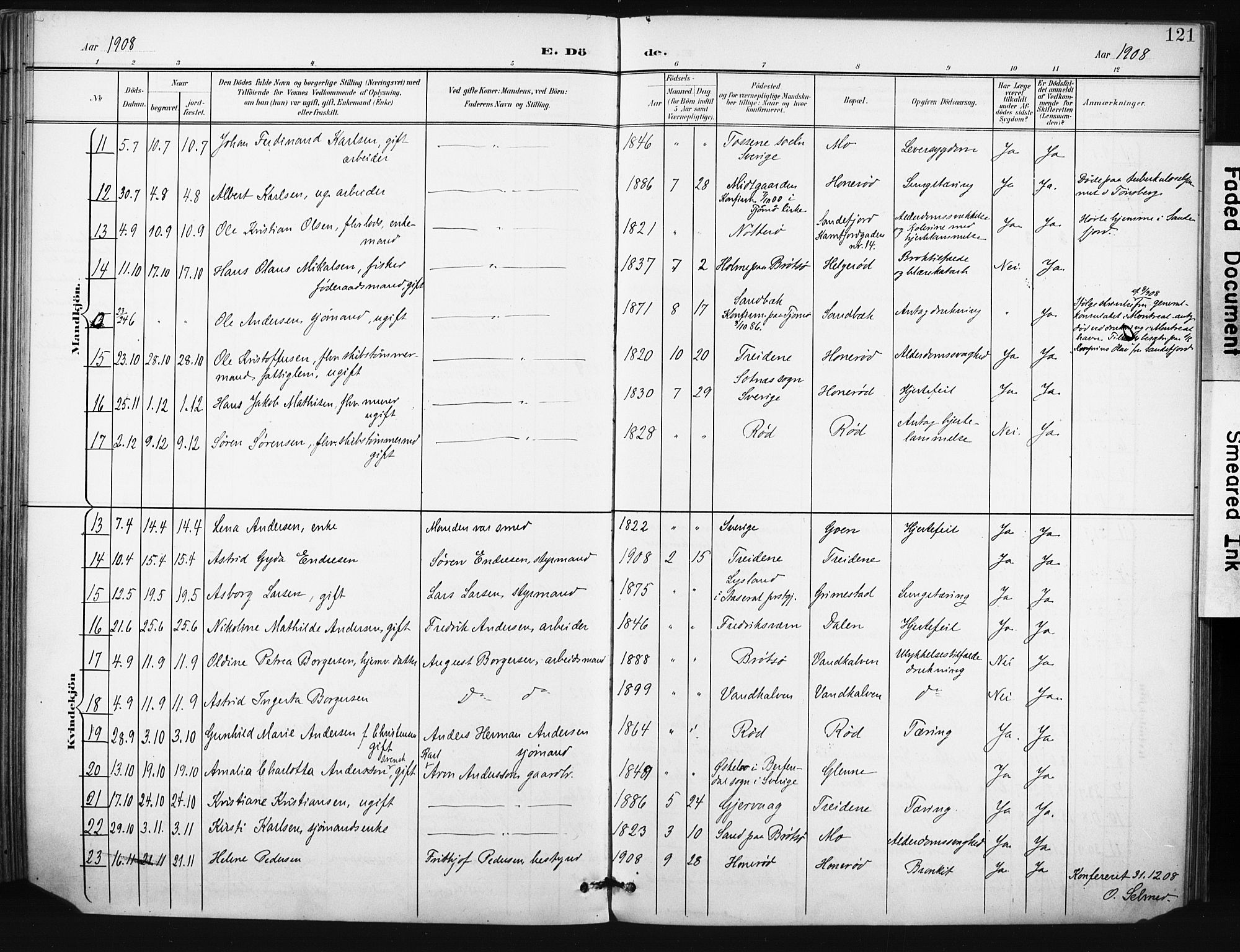 Tjøme kirkebøker, AV/SAKO-A-328/F/Fa/L0005: Parish register (official) no. I 5, 1901-1909, p. 121