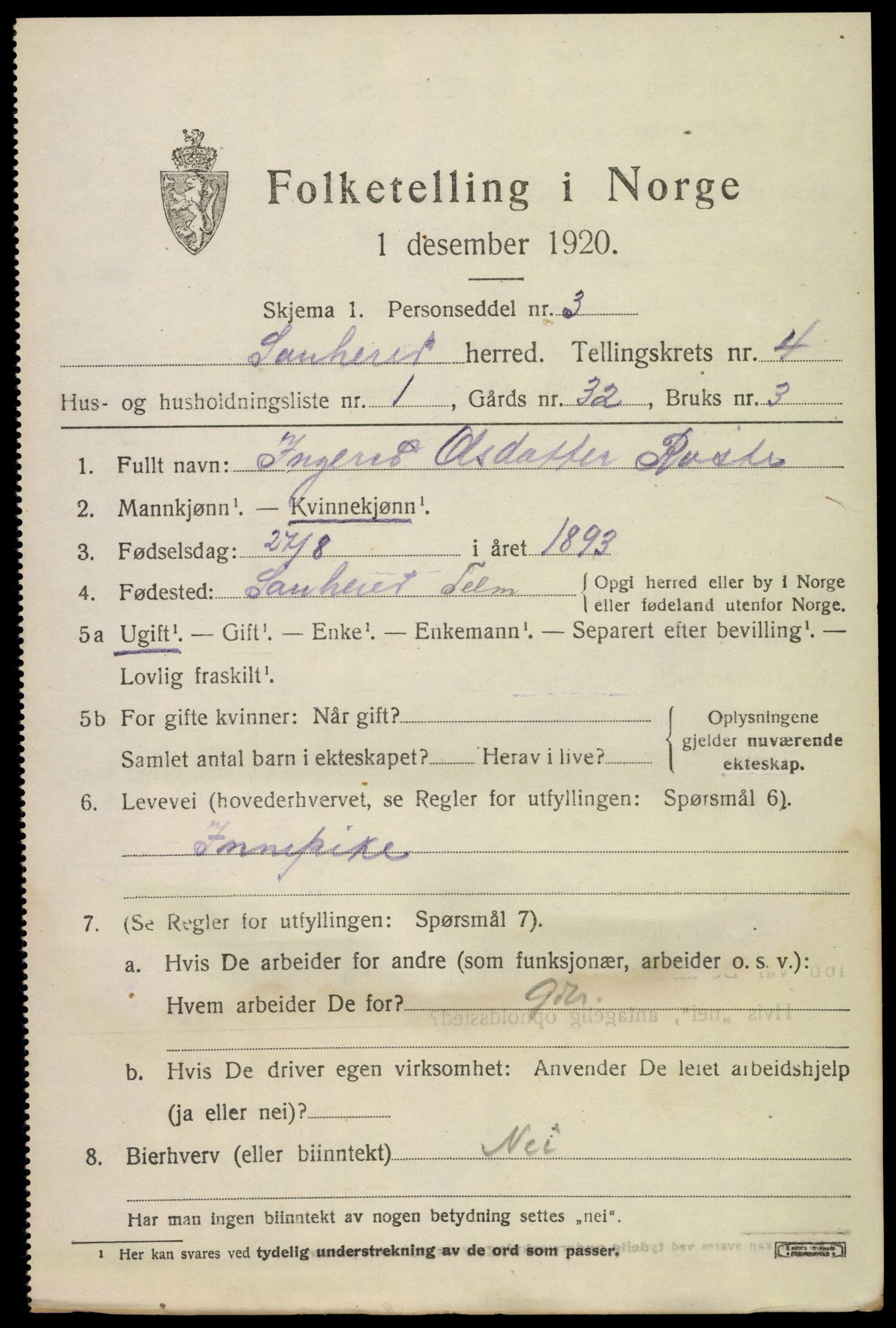 SAKO, 1920 census for Sauherad, 1920, p. 3611