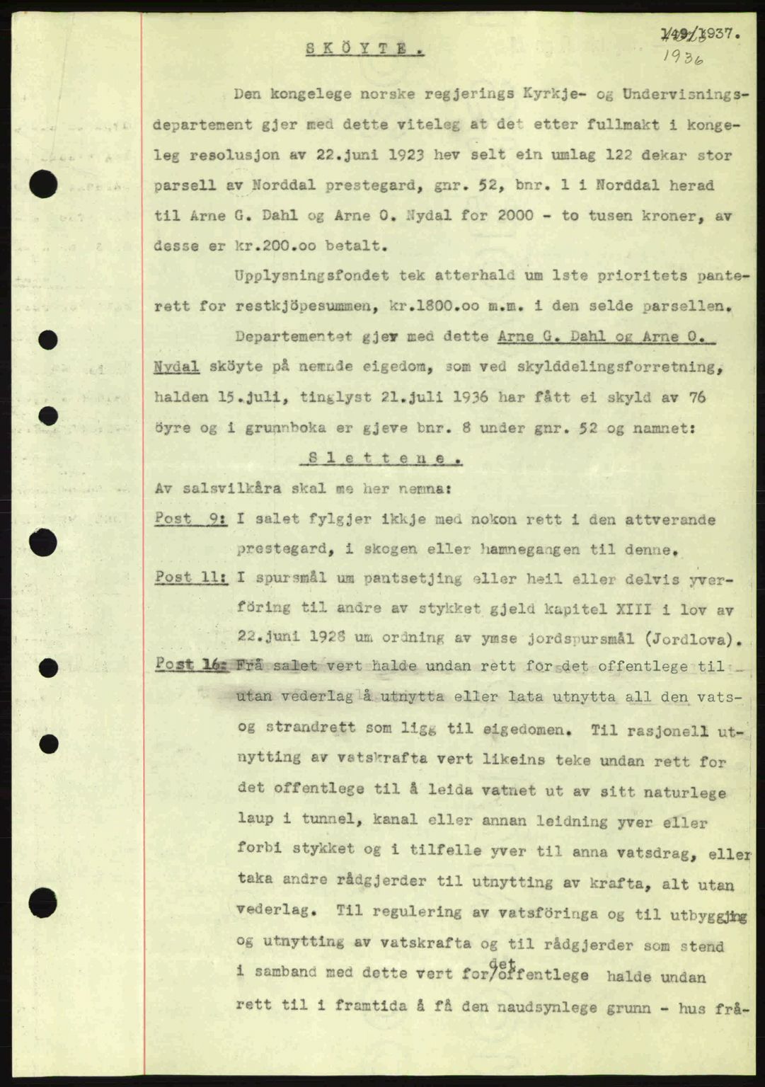 Nordre Sunnmøre sorenskriveri, AV/SAT-A-0006/1/2/2C/2Ca: Mortgage book no. A2, 1936-1937, Diary no: : 149/1937