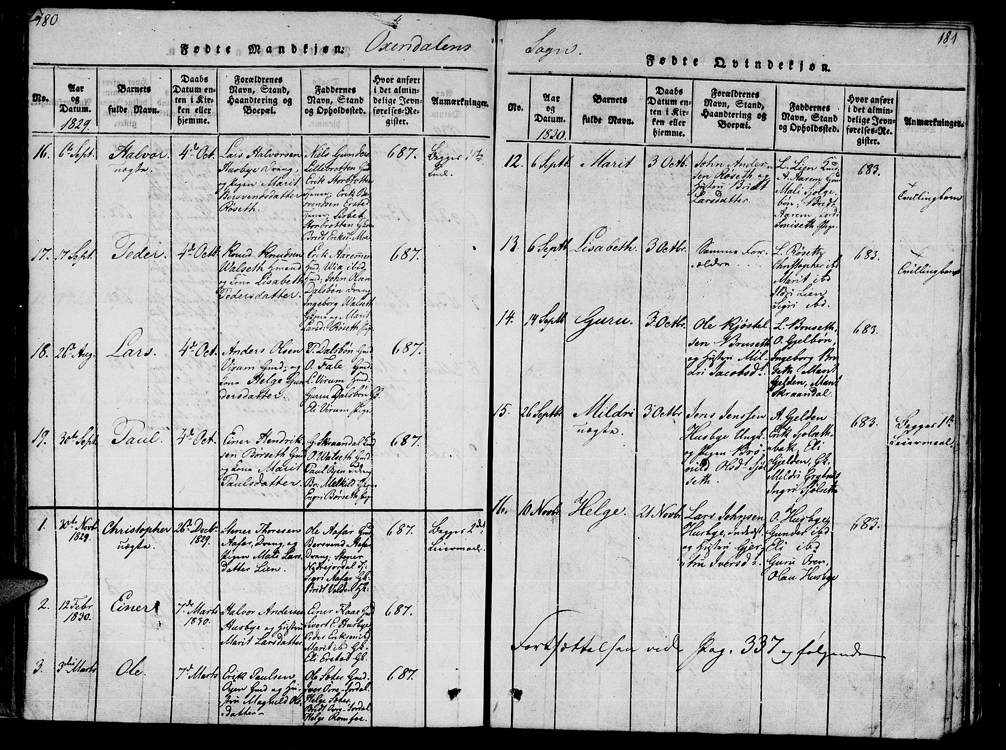 Ministerialprotokoller, klokkerbøker og fødselsregistre - Møre og Romsdal, SAT/A-1454/590/L1011: Parish register (official) no. 590A03 /3, 1819-1832, p. 180-181