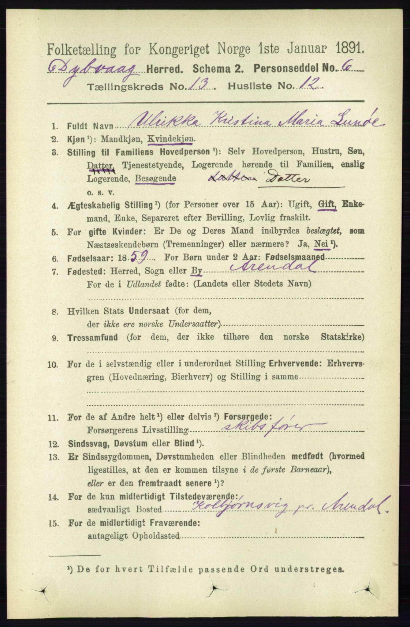 RA, 1891 census for 0915 Dypvåg, 1891, p. 5366