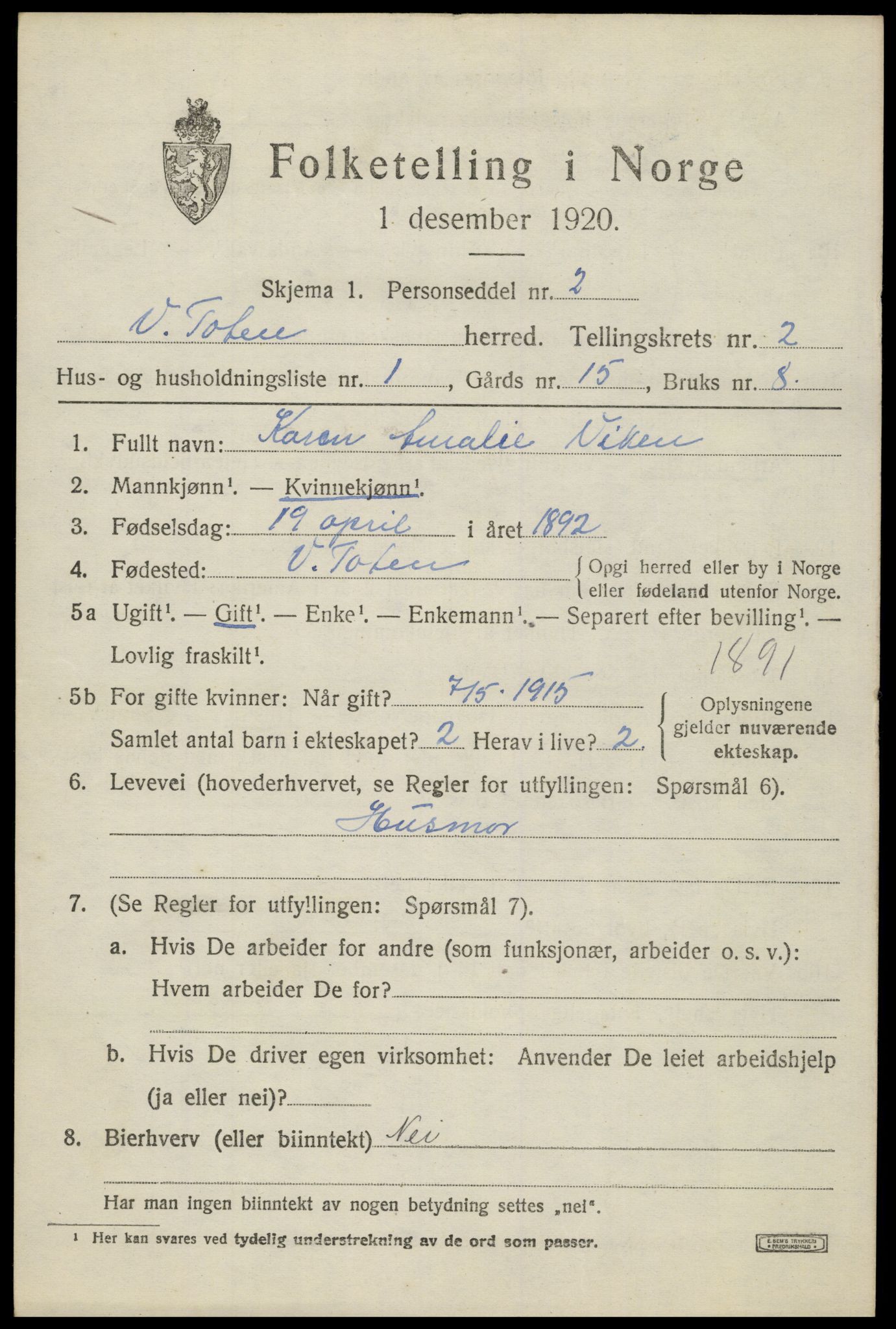 SAH, 1920 census for Vestre Toten, 1920, p. 3444