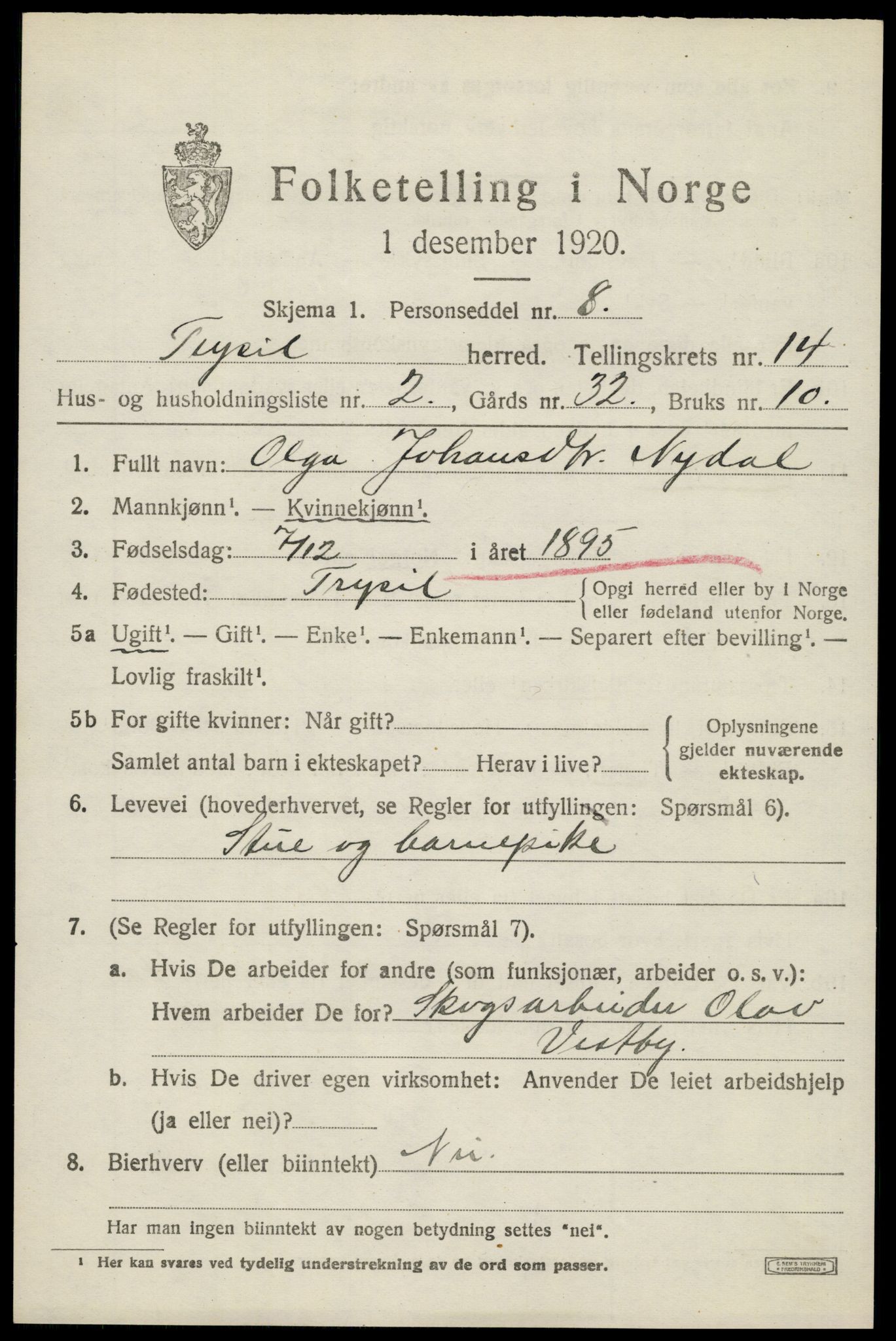 SAH, 1920 census for Trysil, 1920, p. 7897