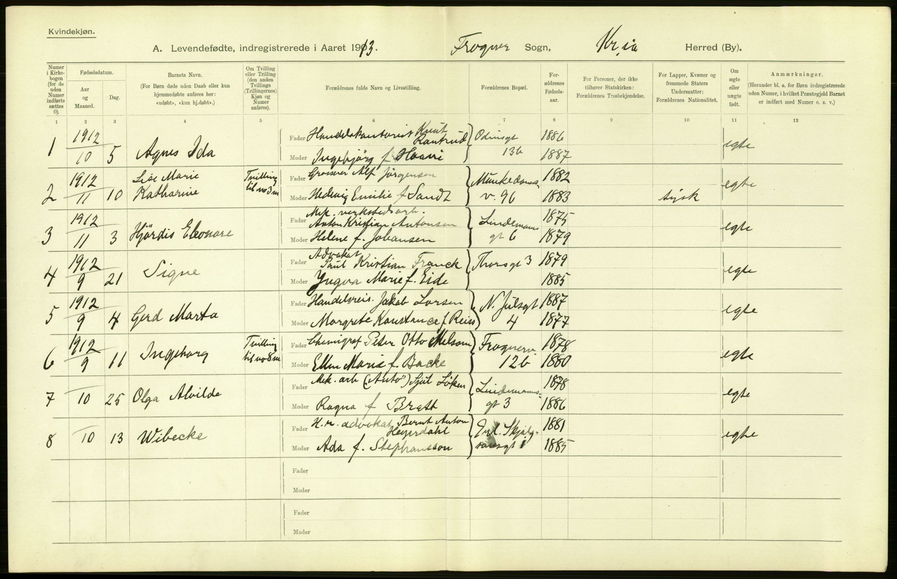 Statistisk sentralbyrå, Sosiodemografiske emner, Befolkning, AV/RA-S-2228/D/Df/Dfb/Dfbc/L0006: Kristiania: Levendefødte menn og kvinner., 1913, p. 486