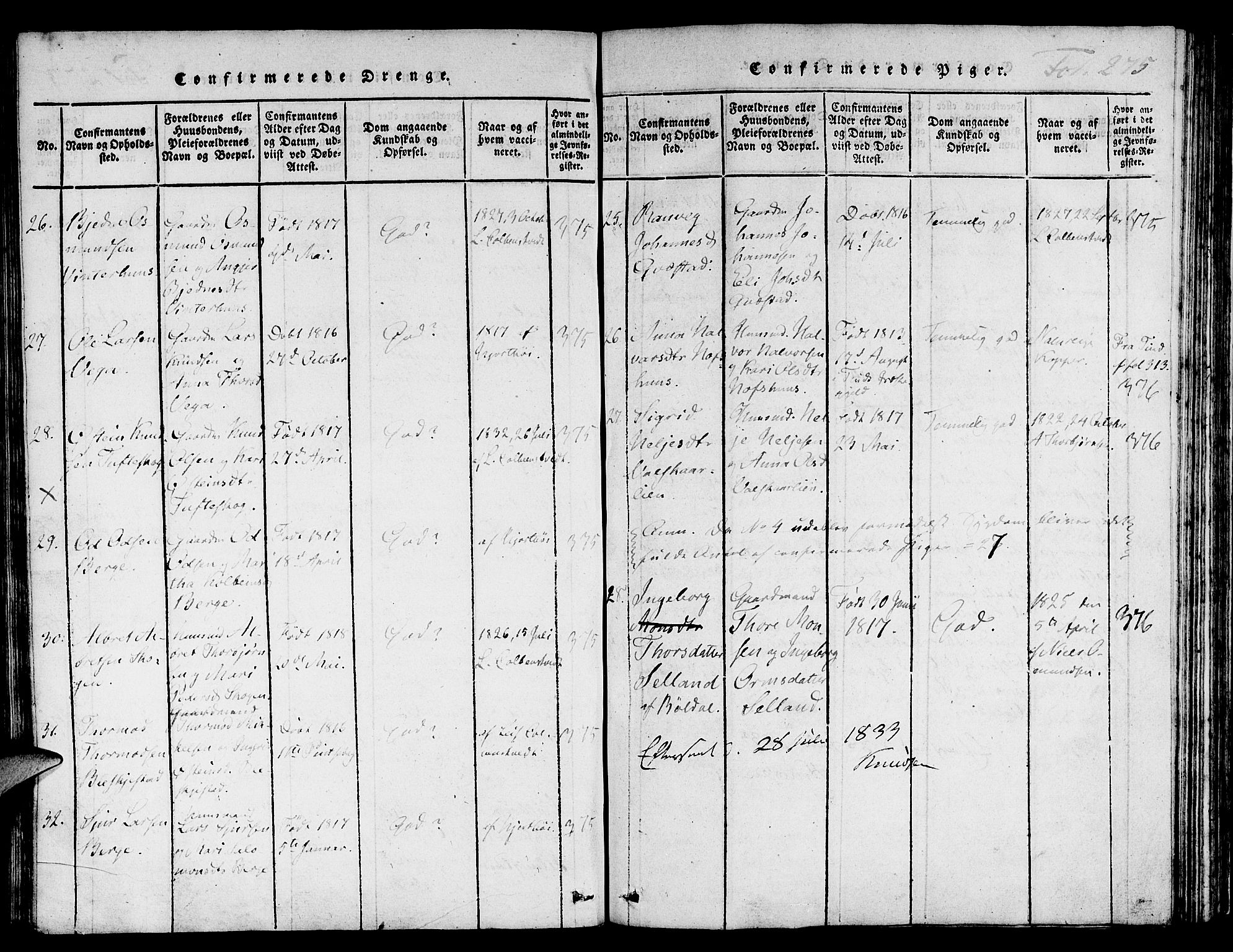 Suldal sokneprestkontor, AV/SAST-A-101845/01/IV/L0006: Parish register (official) no. A 6, 1816-1836, p. 275