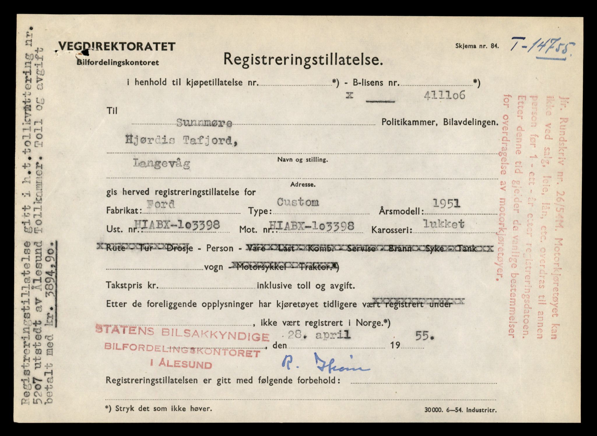 Møre og Romsdal vegkontor - Ålesund trafikkstasjon, AV/SAT-A-4099/F/Fe/L0048: Registreringskort for kjøretøy T 14721 - T 14863, 1927-1998, p. 665