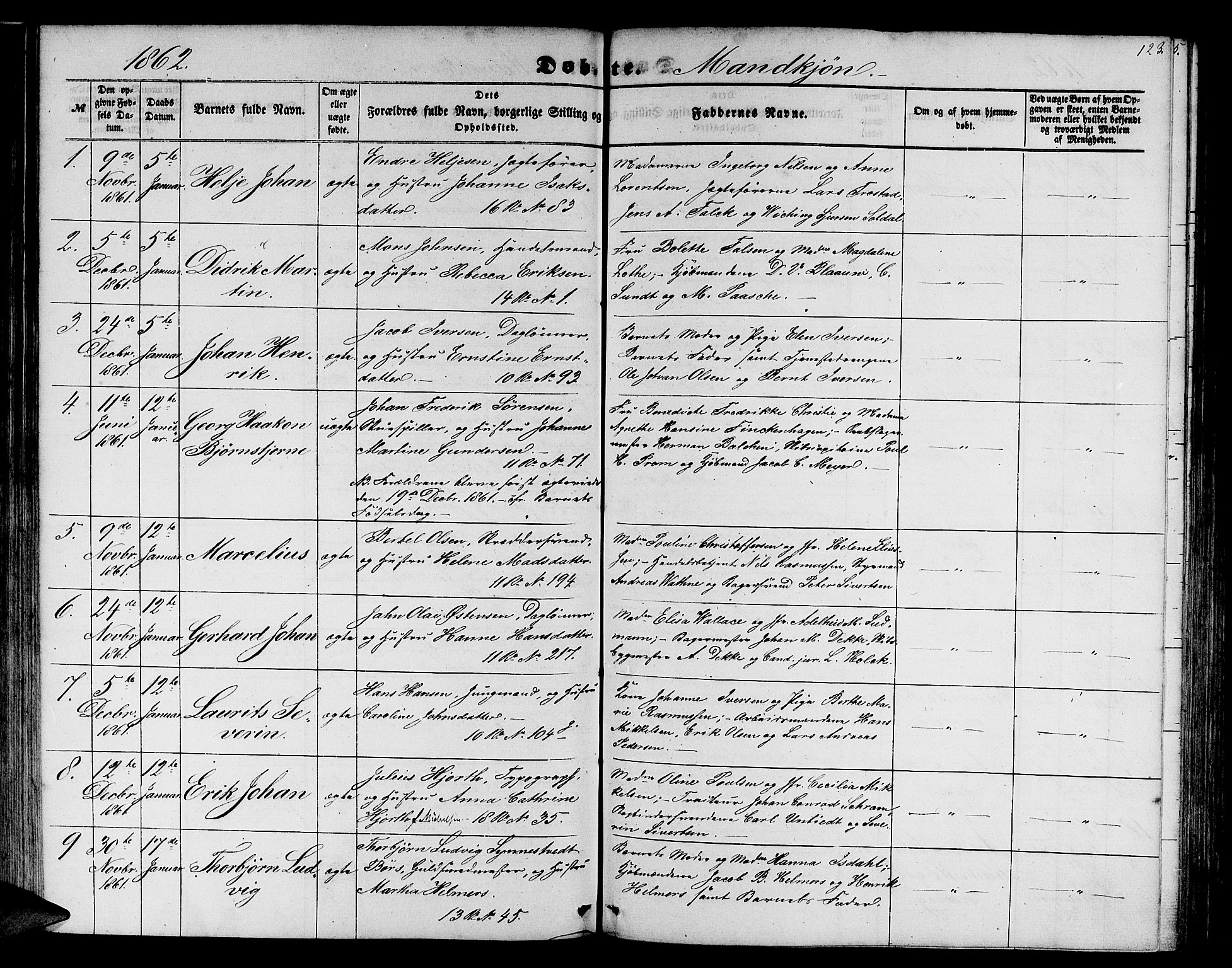 Domkirken sokneprestembete, SAB/A-74801/H/Hab/L0011: Parish register (copy) no. B 4, 1856-1862, p. 123