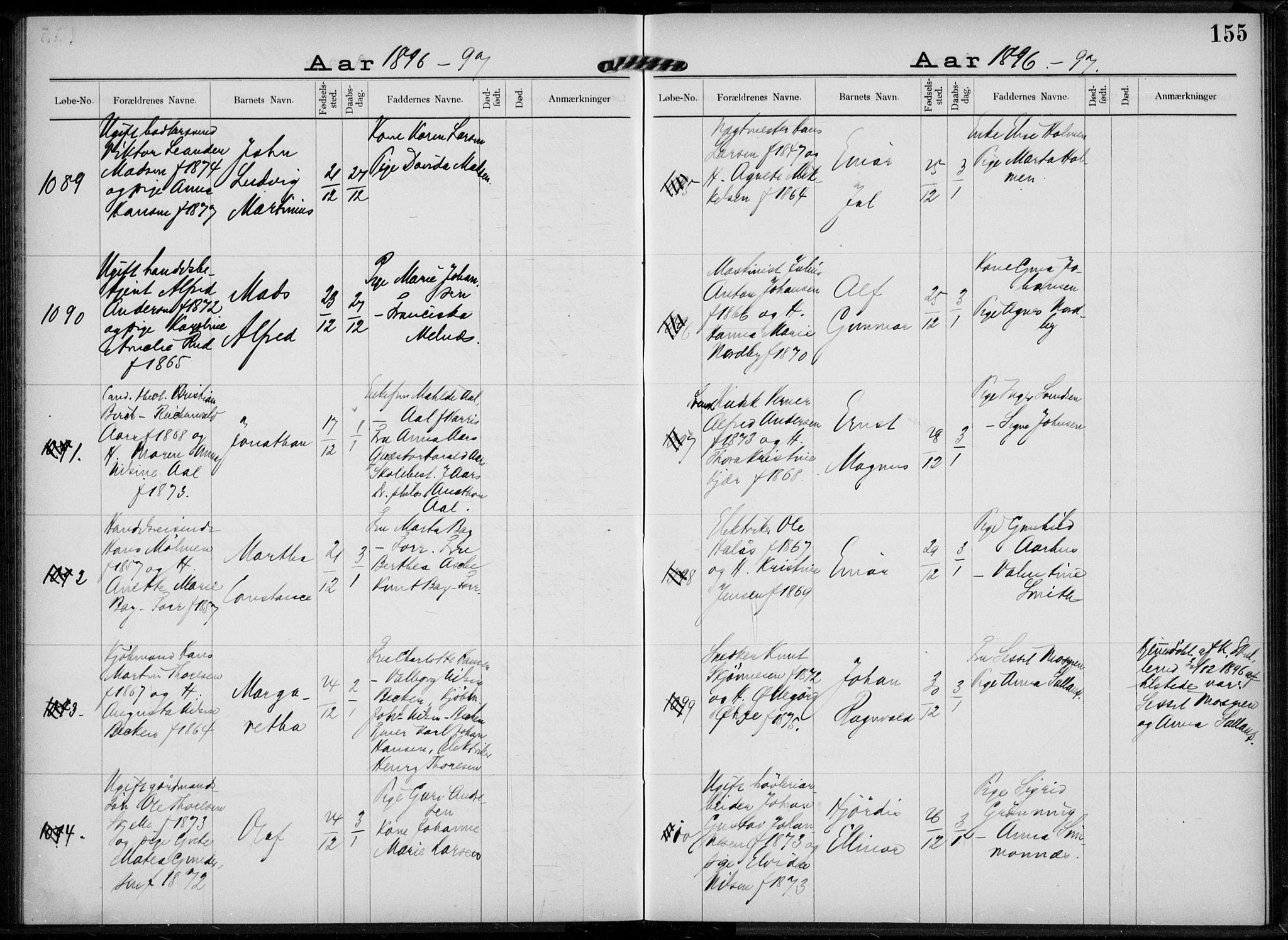 Rikshospitalet prestekontor Kirkebøker, AV/SAO-A-10309b/K/L0004/0002: Baptism register no. 4.2, 1895-1897, p. 155