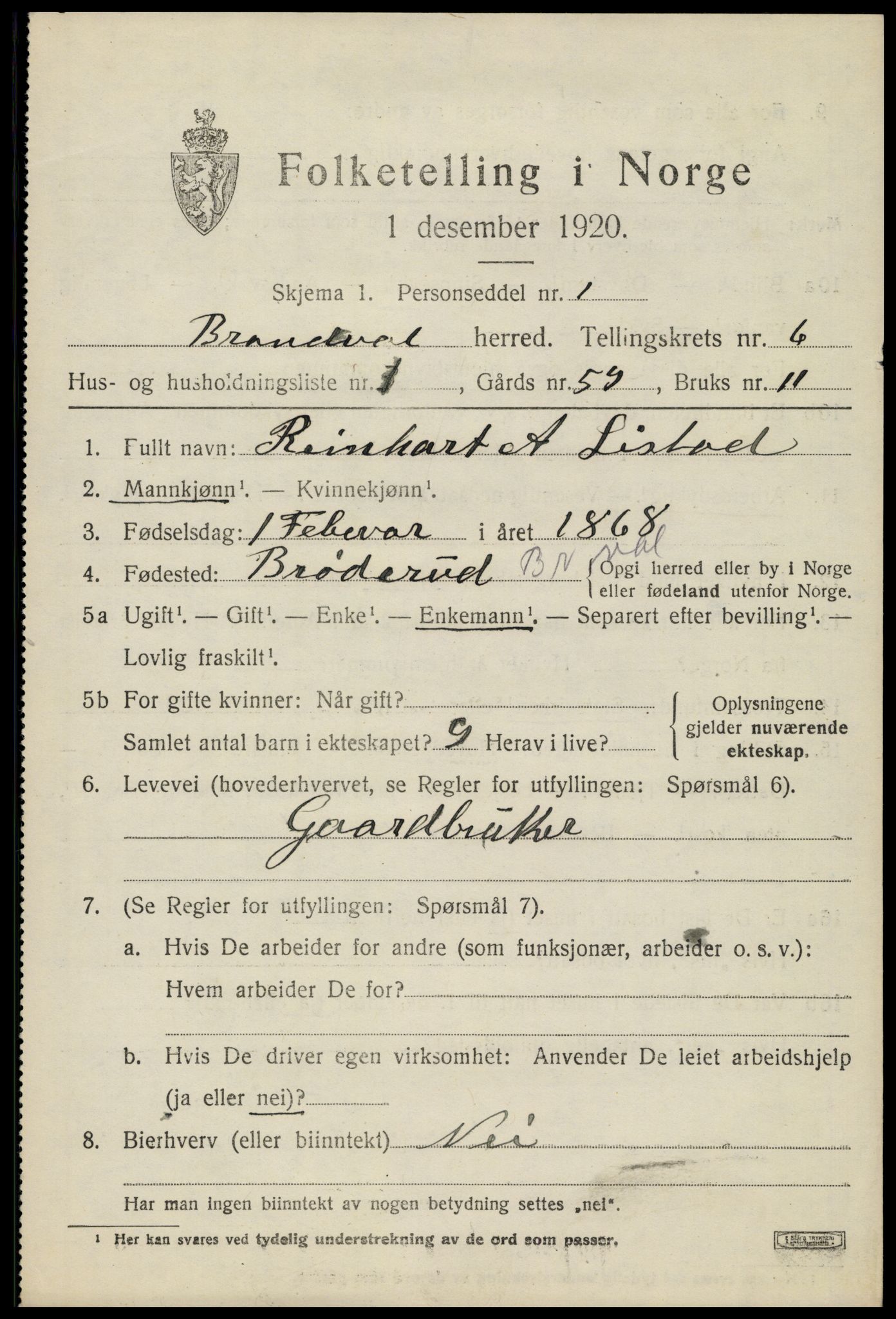 SAH, 1920 census for Brandval, 1920, p. 5252