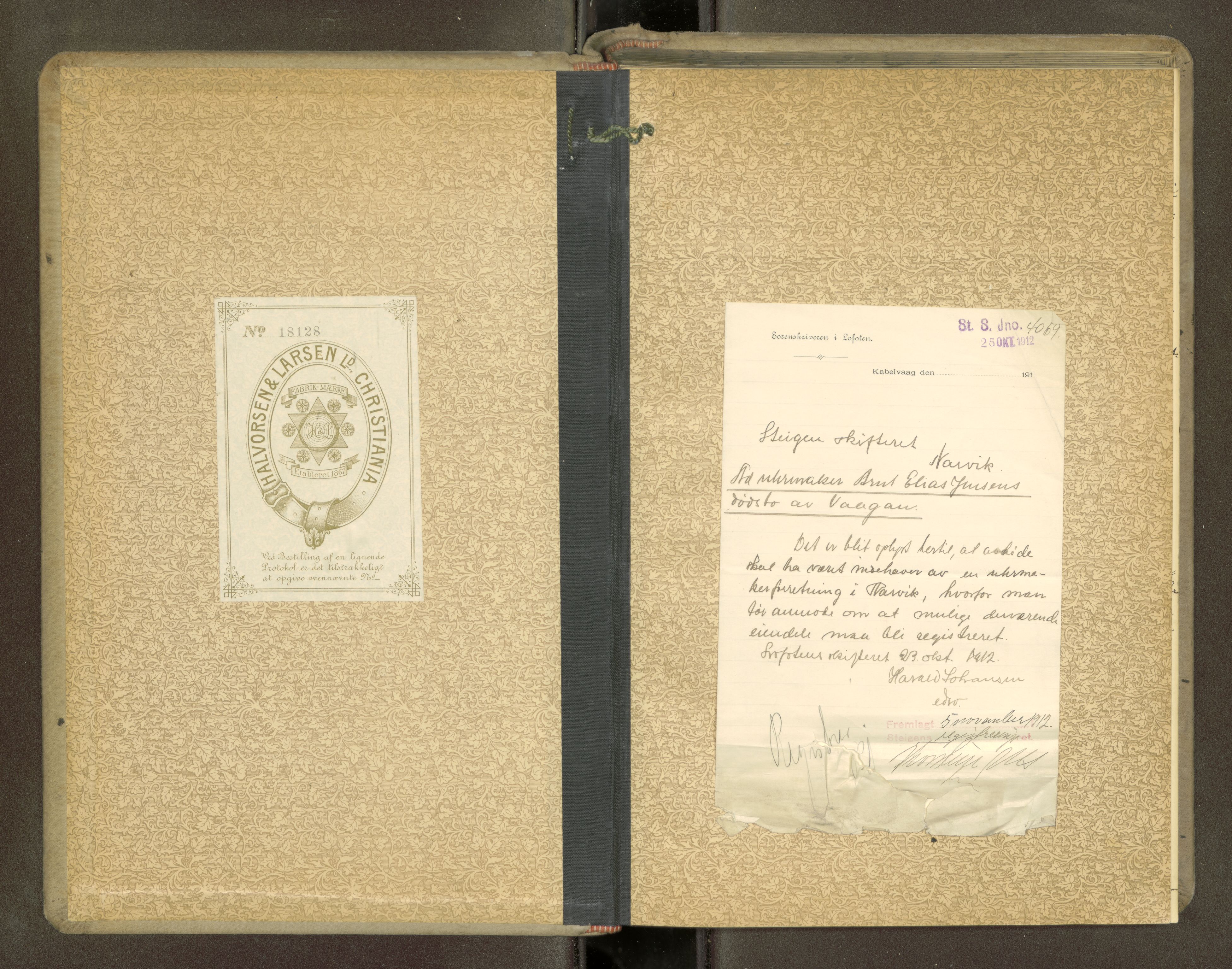 Narvik sorenskriveri, AV/SAT-A-0002/1/3/3C/L0001: Registreringsprotokoll - Steigen Sorenskriver, 1909-1913