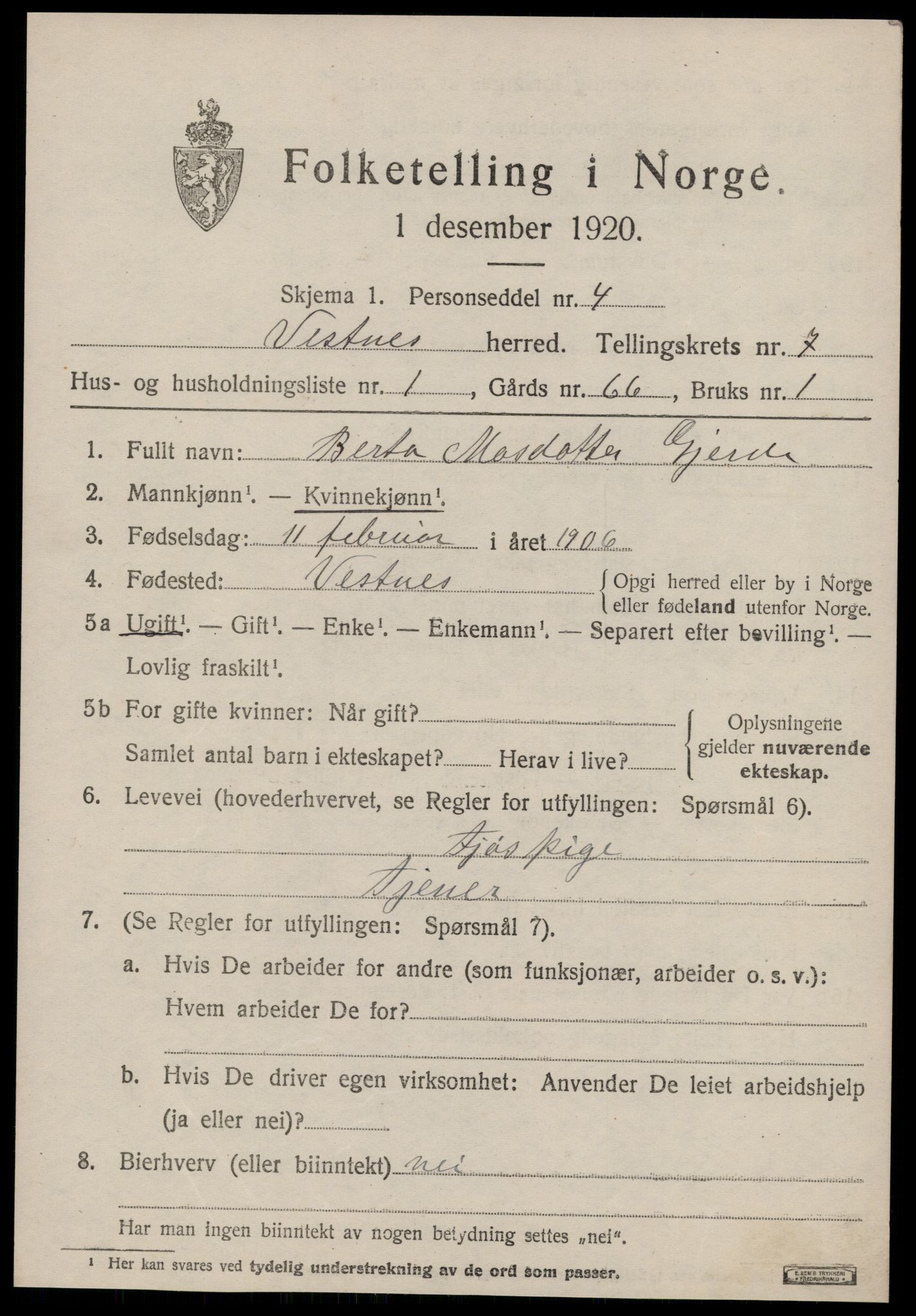 SAT, 1920 census for Vestnes, 1920, p. 5107