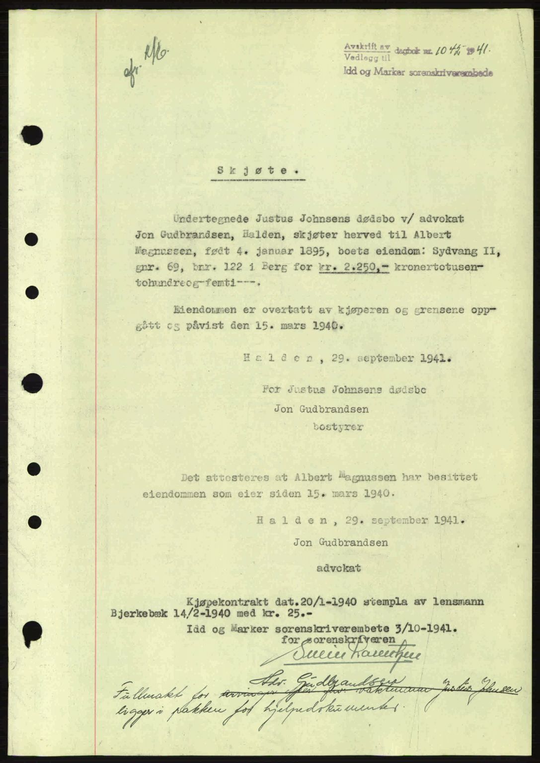 Idd og Marker sorenskriveri, AV/SAO-A-10283/G/Gb/Gbb/L0004: Mortgage book no. A4, 1940-1941, Diary no: : 1042/1941