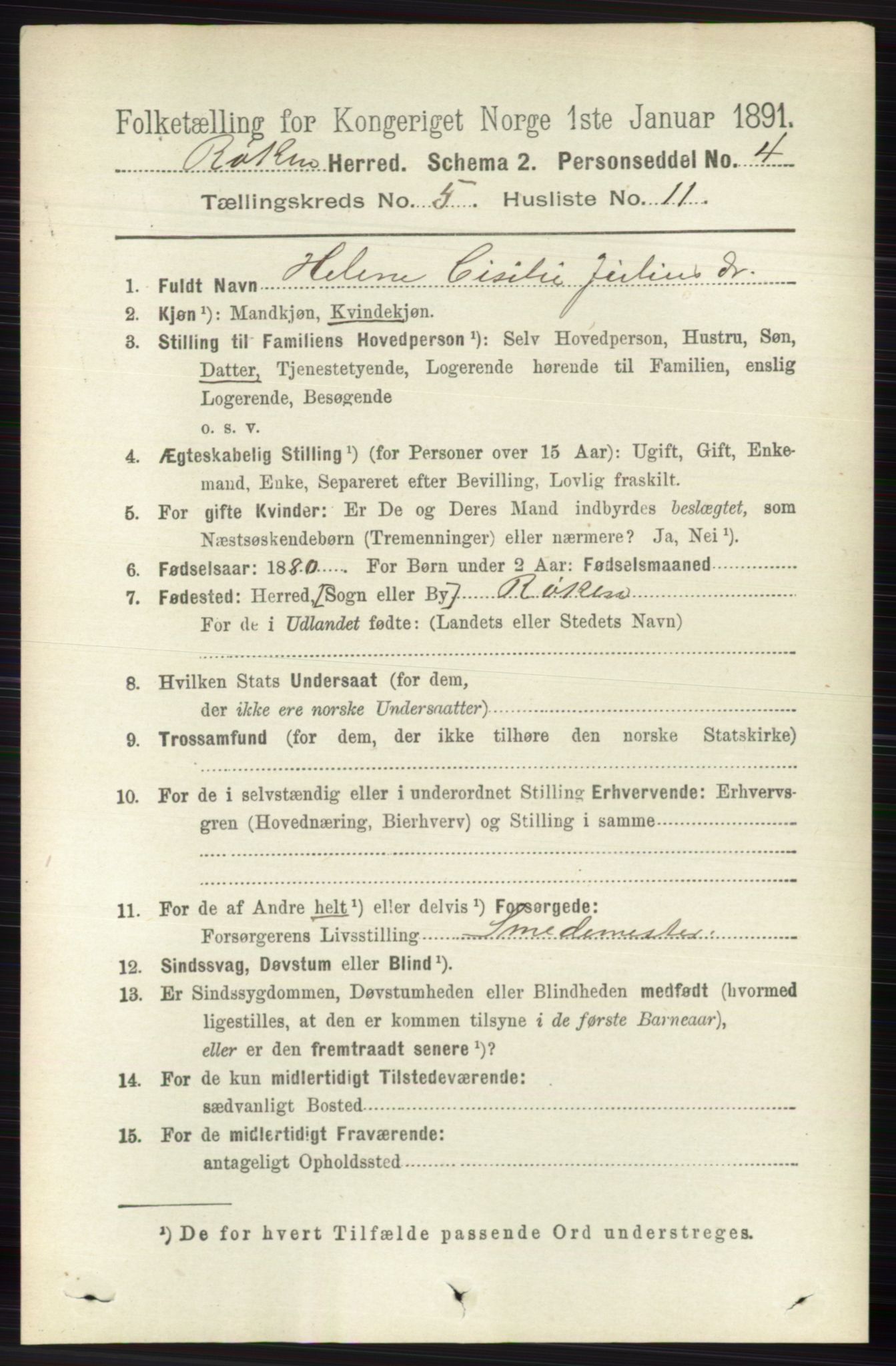 RA, 1891 census for 0627 Røyken, 1891, p. 2943