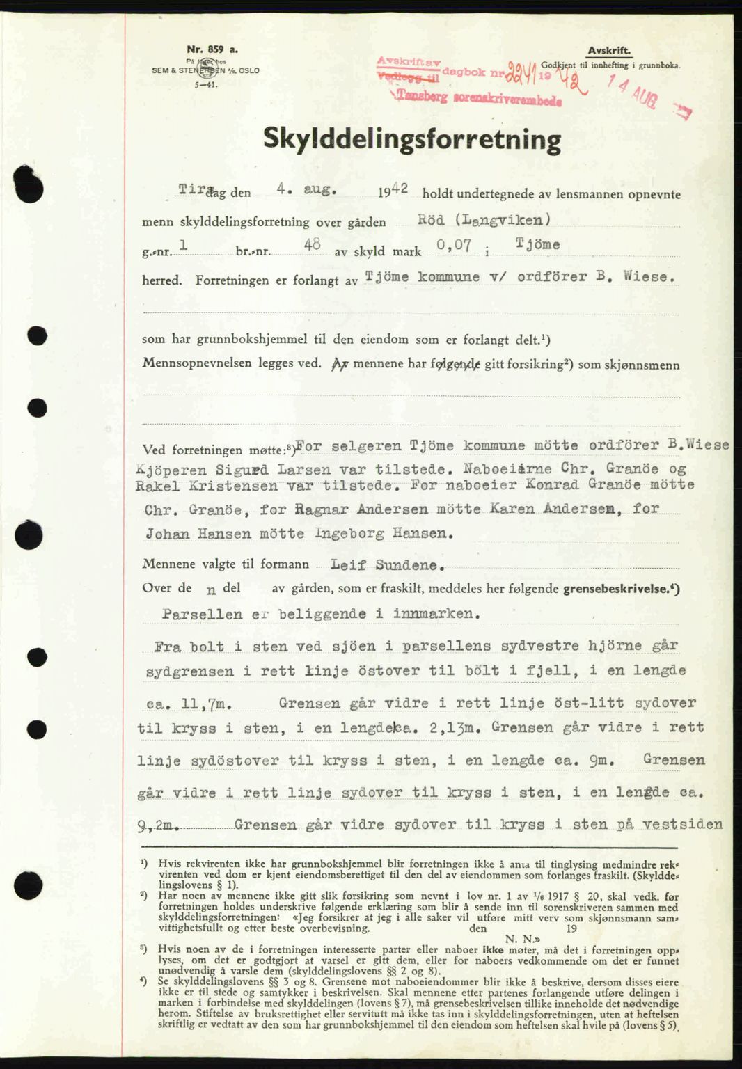 Tønsberg sorenskriveri, AV/SAKO-A-130/G/Ga/Gaa/L0012: Mortgage book no. A12, 1942-1943, Diary no: : 2241/1942