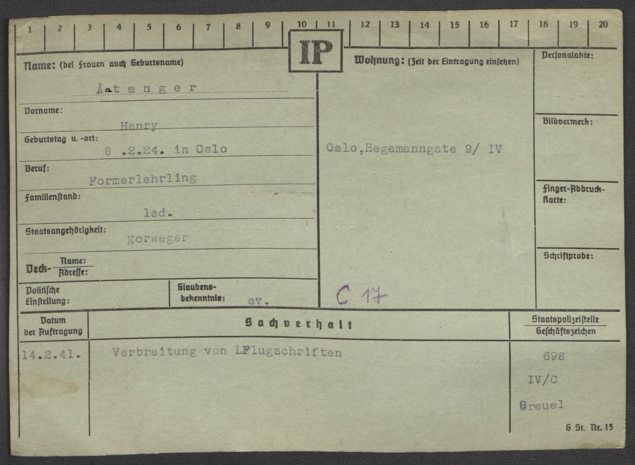 Befehlshaber der Sicherheitspolizei und des SD, AV/RA-RAFA-5969/E/Ea/Eaa/L0010: Register over norske fanger i Møllergata 19: Sø-Å, 1940-1945, p. 1528