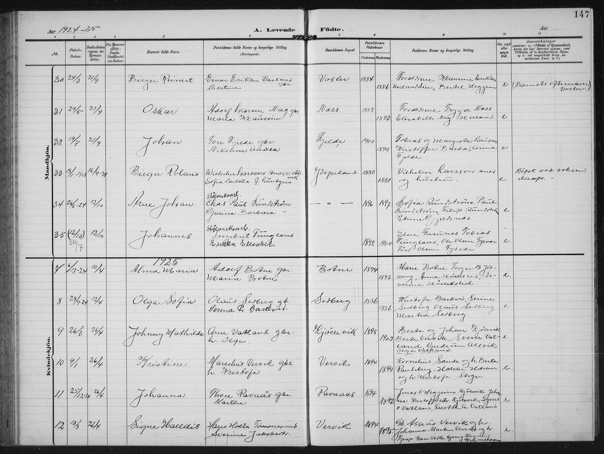 Strand sokneprestkontor, SAST/A-101828/H/Ha/Hab/L0005: Parish register (copy) no. B 5, 1904-1934, p. 147