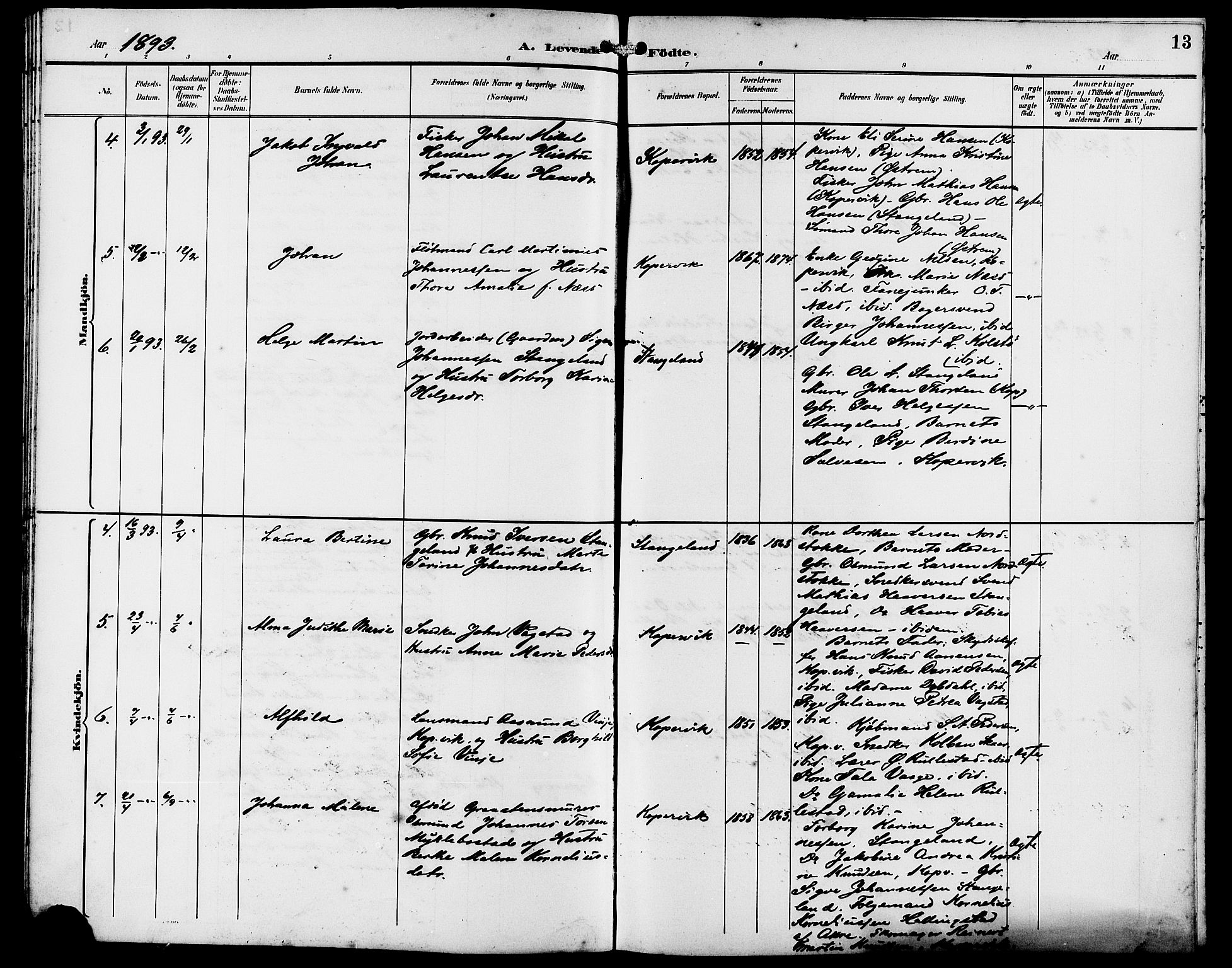 Kopervik sokneprestkontor, AV/SAST-A-101850/H/Ha/Hab/L0003: Parish register (copy) no. B 3, 1891-1909, p. 13