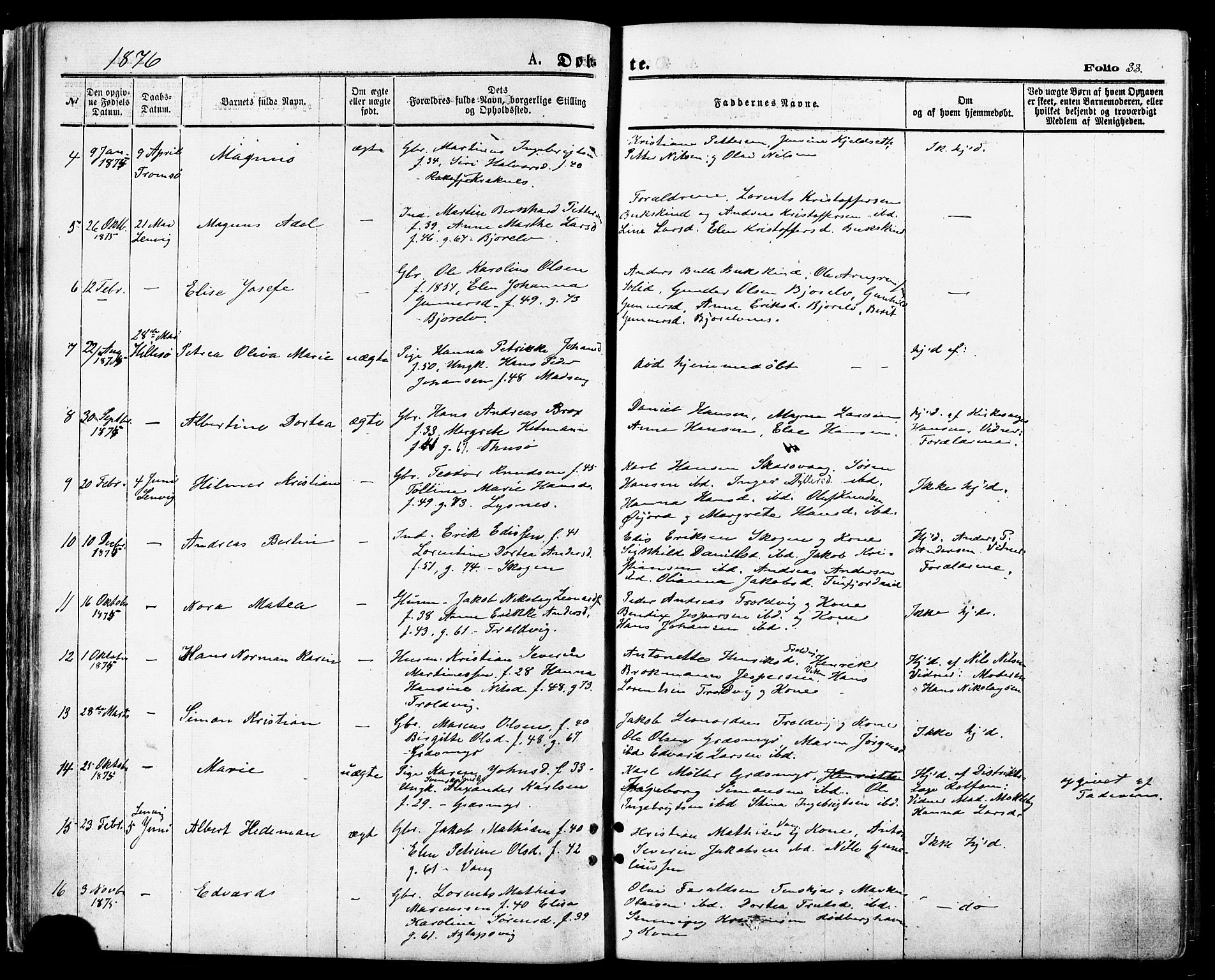 Lenvik sokneprestembete, SATØ/S-1310/H/Ha/Haa/L0010kirke: Parish register (official) no. 10, 1873-1880, p. 33