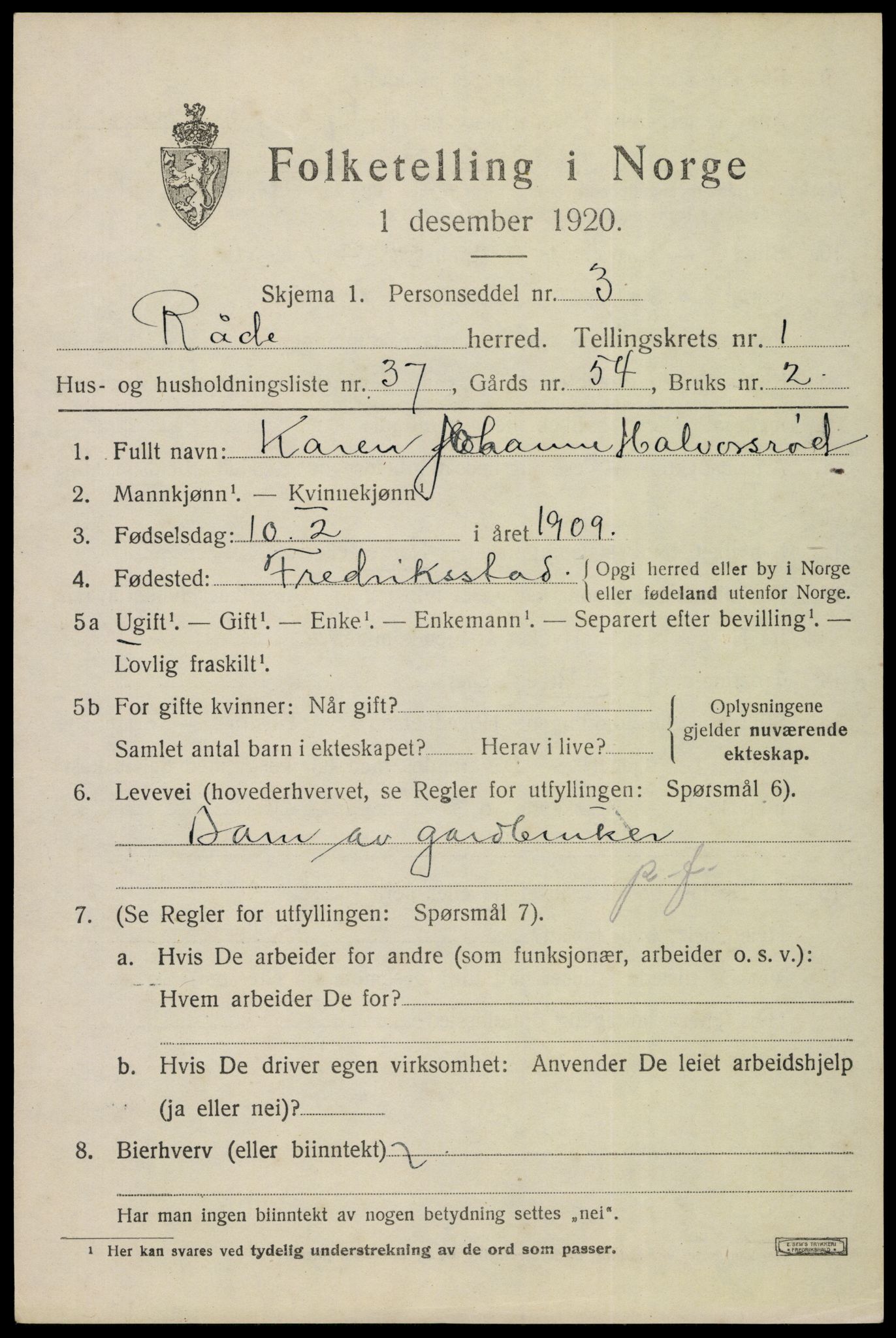 SAO, 1920 census for Råde, 1920, p. 1554