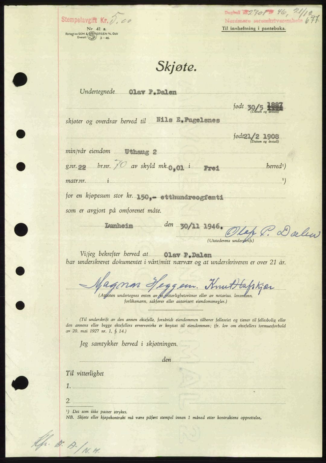 Nordmøre sorenskriveri, AV/SAT-A-4132/1/2/2Ca: Mortgage book no. A103, 1946-1947, Diary no: : 2701/1946