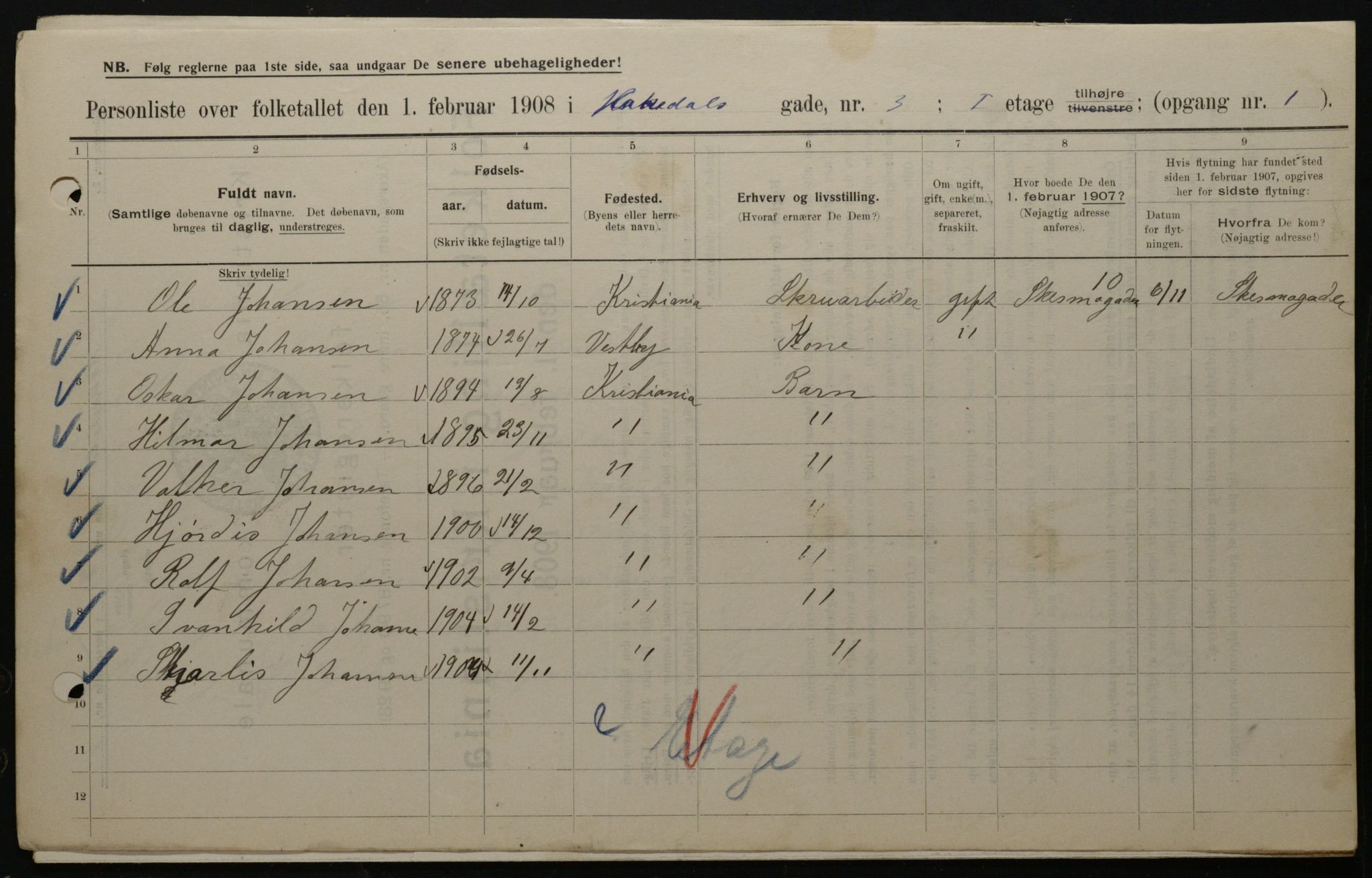 OBA, Municipal Census 1908 for Kristiania, 1908, p. 30738