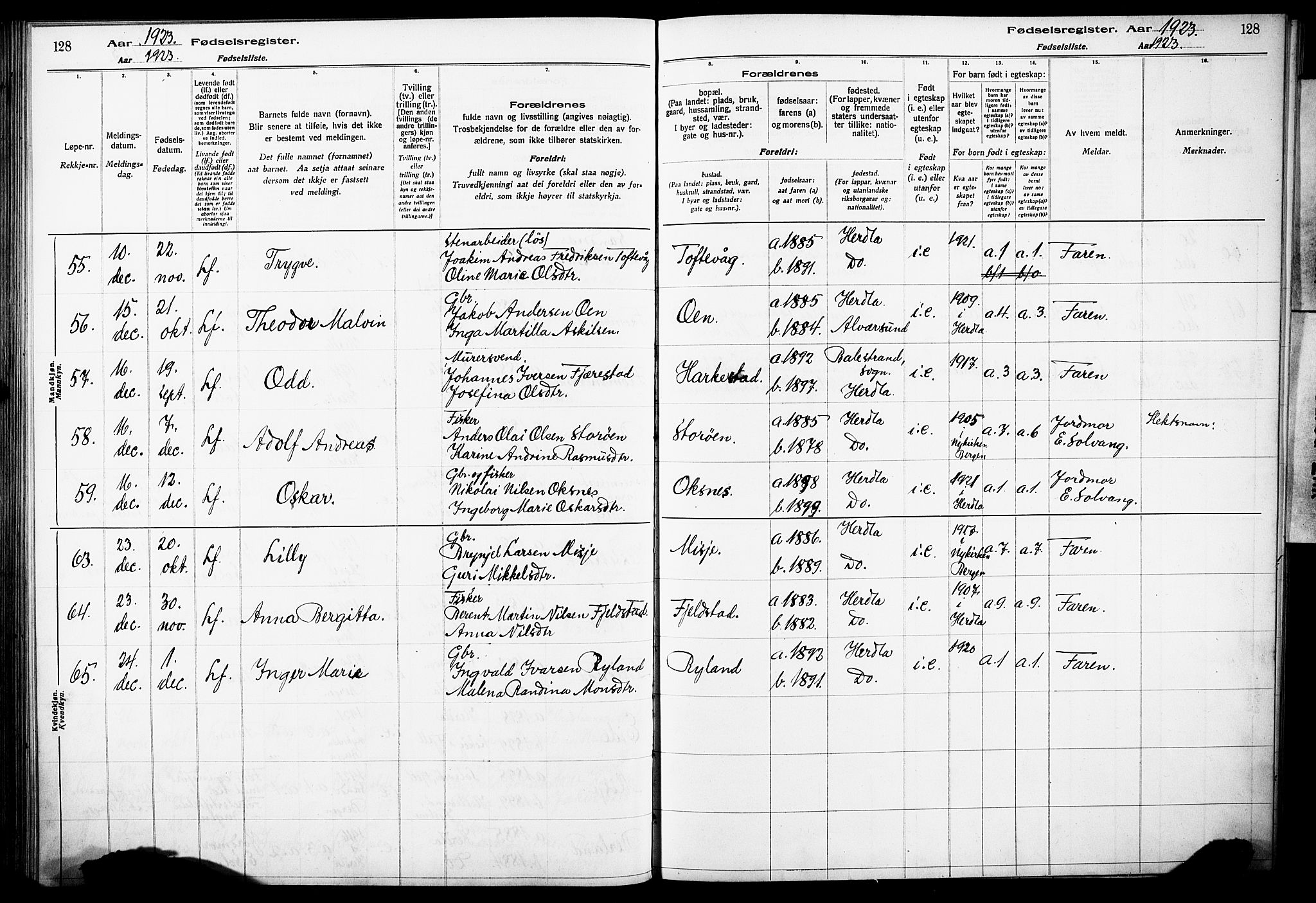 Herdla Sokneprestembete, AV/SAB-A-75701/I/Id/L00A1: Birth register no. A 1, 1916-1929, p. 128